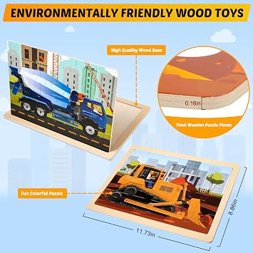 4-Pack Wooden Puzzles for Kids Ages 3-5, 24-Piece Construction Vehicle Set