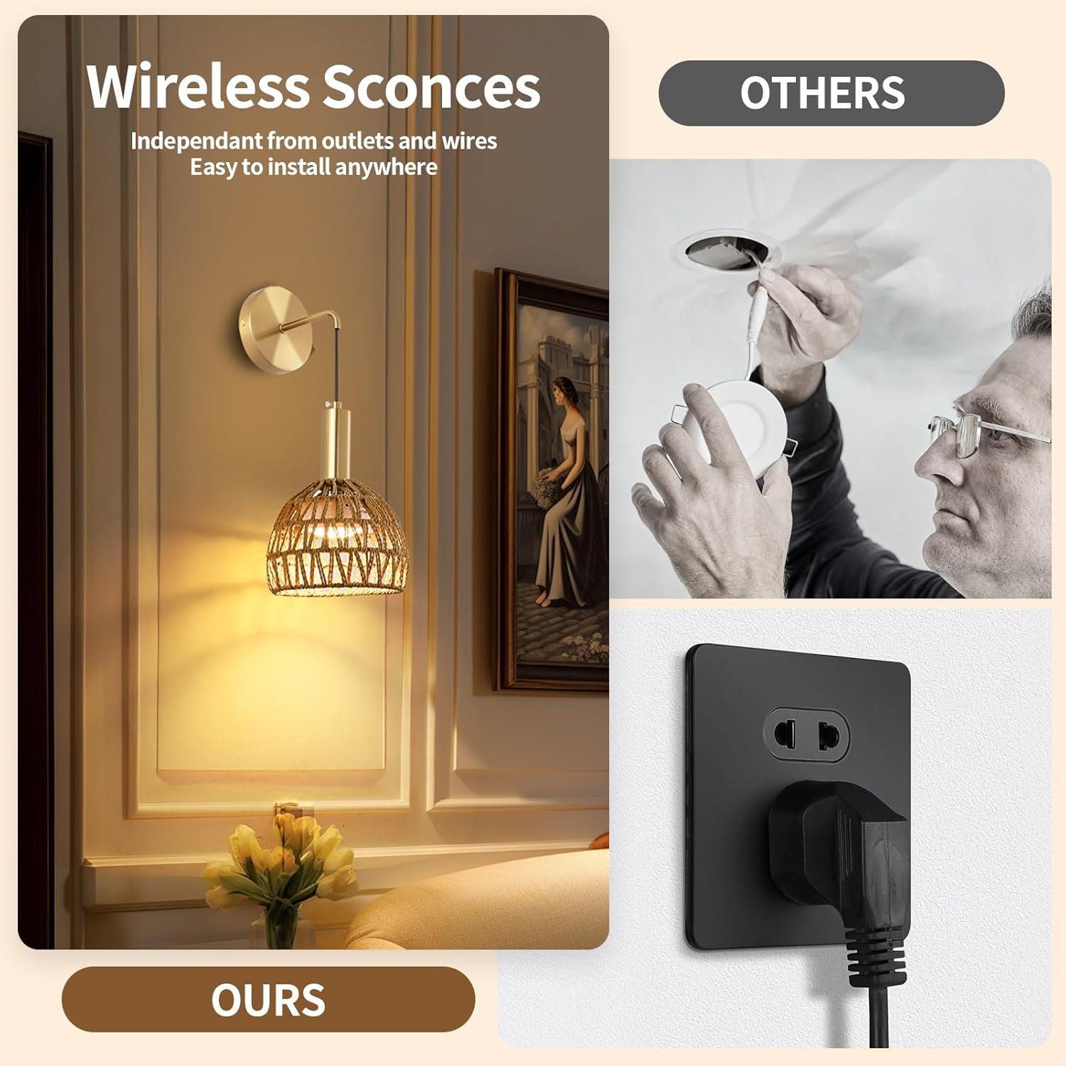 Boho Battery Operated Wall Sconce, Wireless Sconces Set of 2 with Remote, Rattan Upgrade Rechargeable Wall Sconces Set of Two for Bedroom, Living Room, Entryway, 3 Colors Dimmable (Gold)