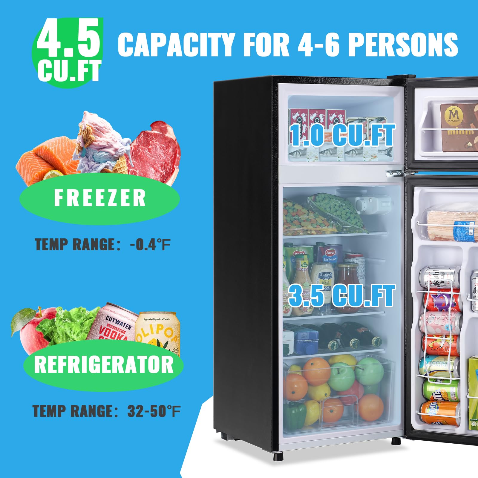 Demuller 4.5 Cubic Feet Double Door Fridge With Top Freezer Large Capacity Refrigerator With 7 Temperature Control & 3 Removable Shelves Black on Fridge.com - View 2