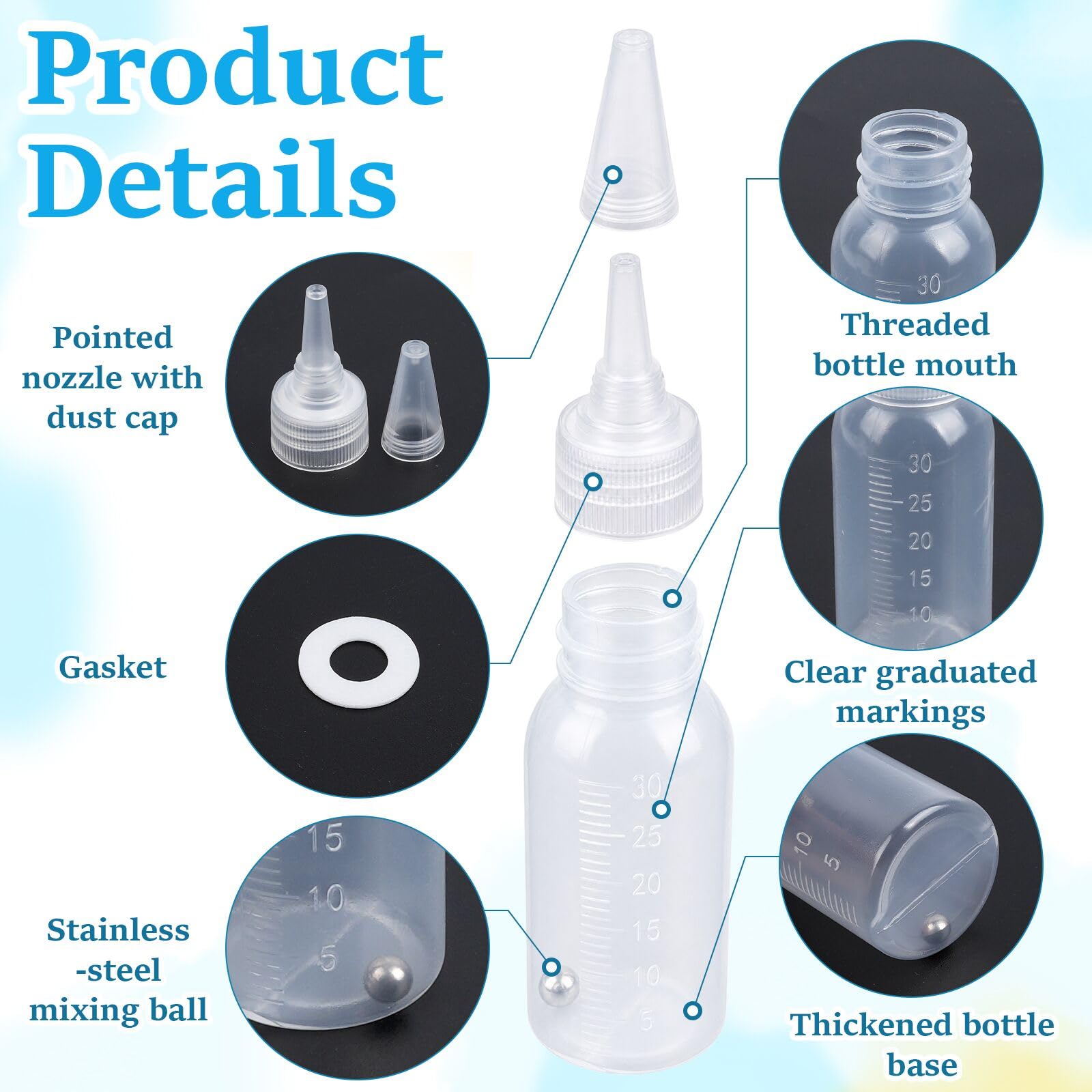 20 flaconi di vernice con sfera di miscelazione, 30 ml, vuoti, graduati, con tavolozza e imbuto, contagocce, bastoncino di miscelazione, miscelatore, bottiglie di plastica da spremere, per