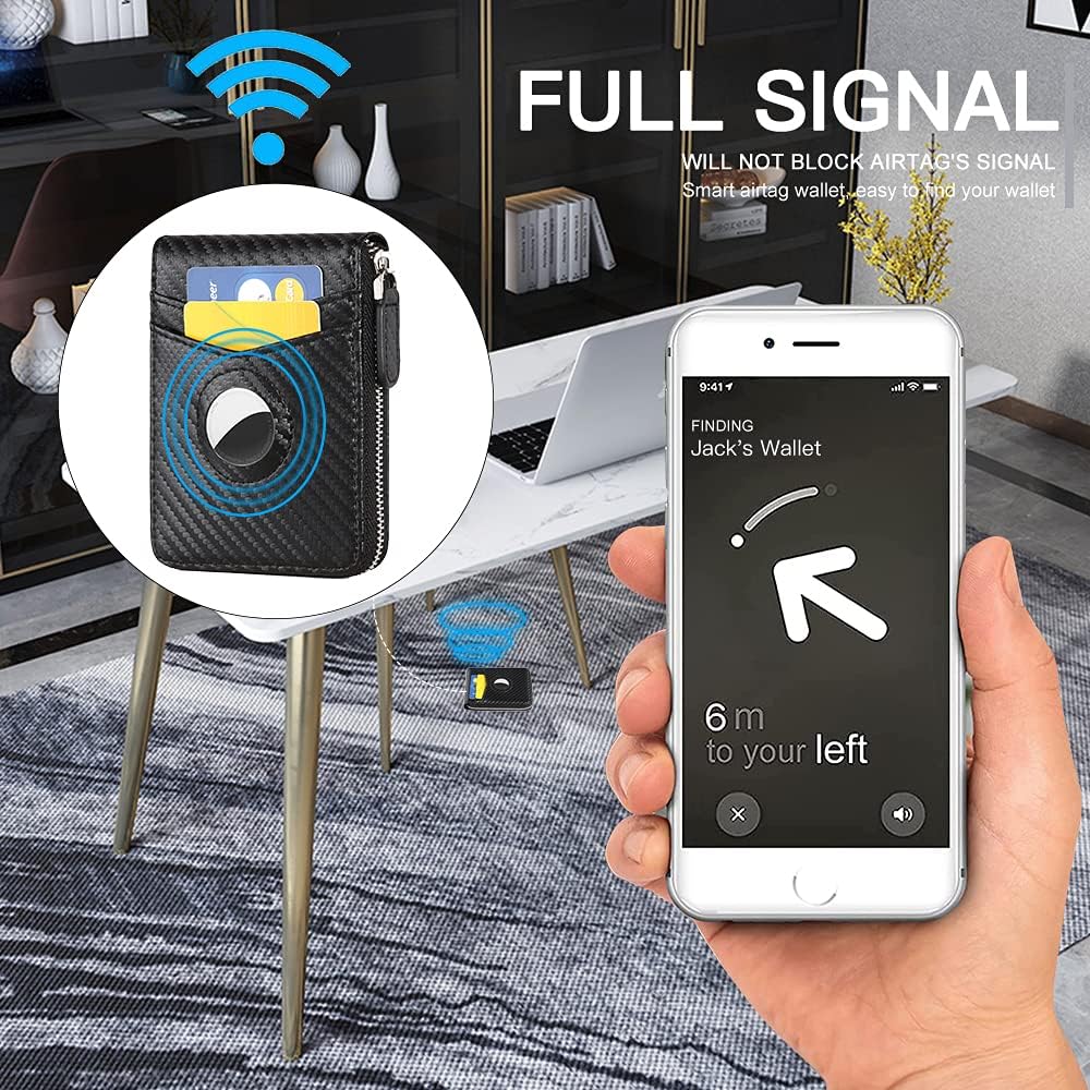 Huztencor AirTag Wallet, Mens Wallet Zipper RFID Slim Leather RFID Credit Card Wallet with Built-in Case Holder for Apple AirTag Carbon Fiber Black - Image 2