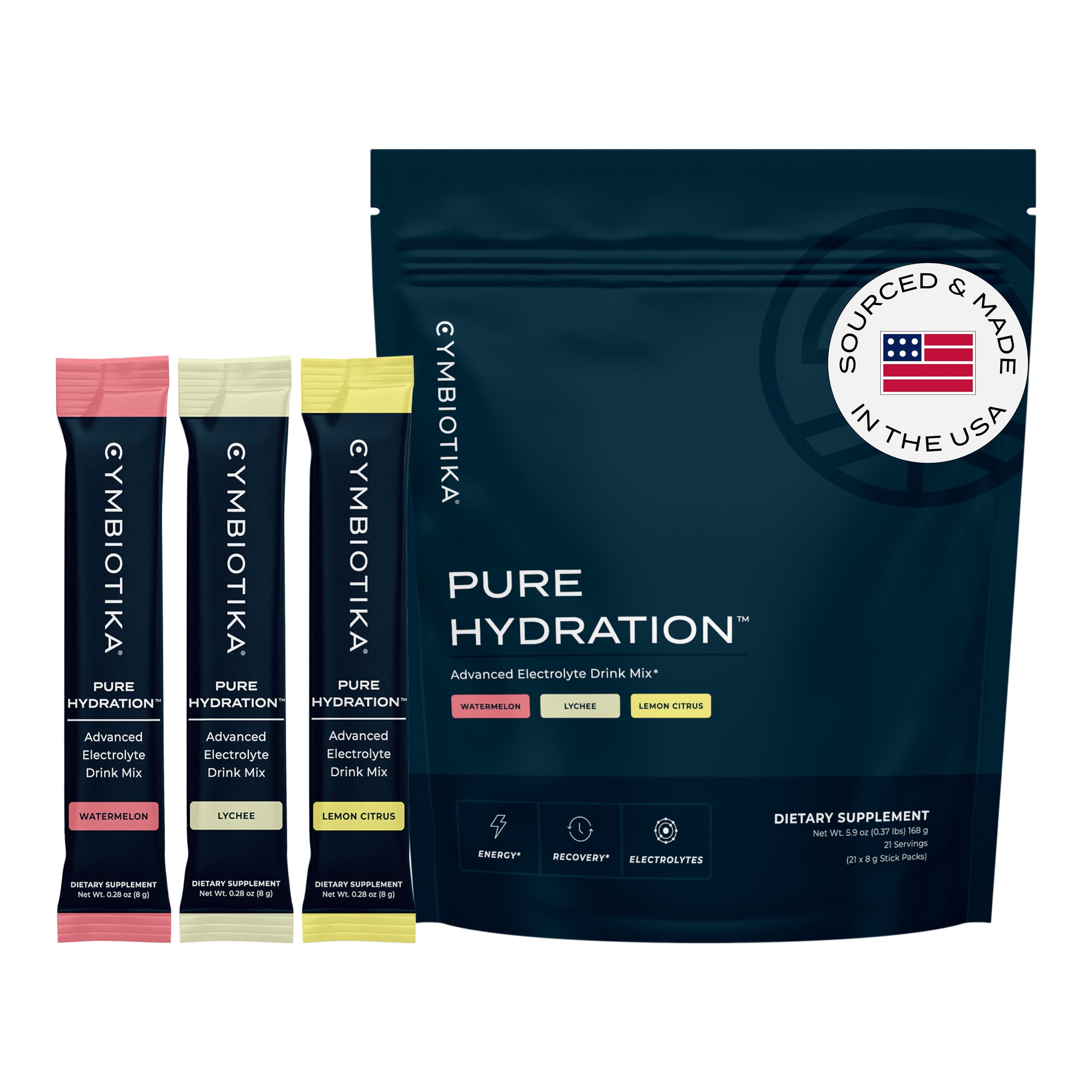 CYMBIOTIKA Pure Hydration Electrolytes Powder Drink Mix with Vitamin C & Magnesium, Keto Friendly Electrolyte Hydration Packets, Variety Pack, Lemon, Lychee & Watermelon, 7 Each, 21 Stick Packets