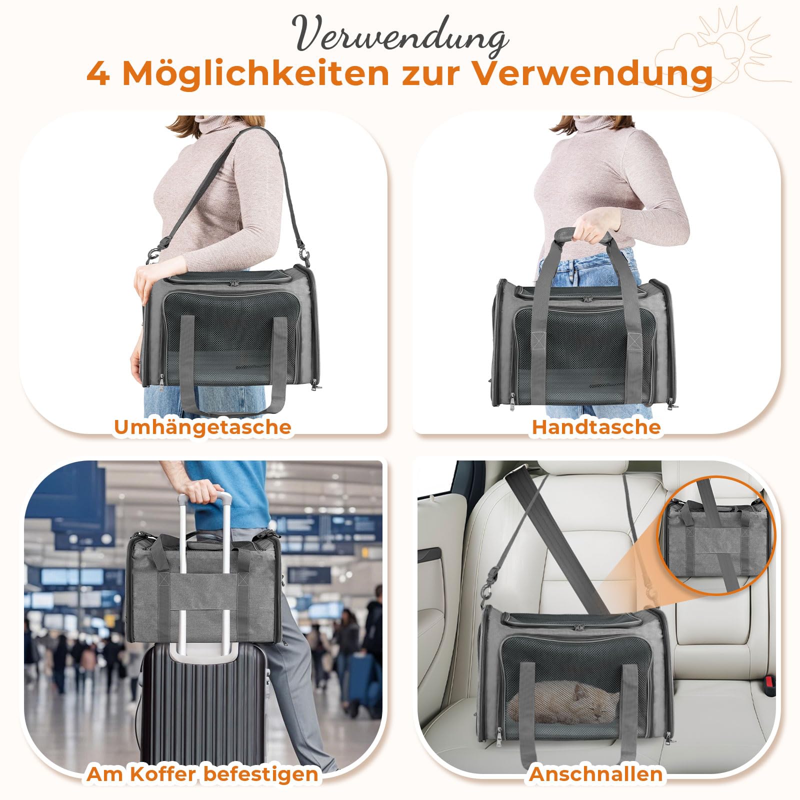 Transporttasche Katze, Transporttasche für Katze Hund bis zu 5kg, Tragbar Faltbare Haustier Tragetaschen mit Schultergurt für Mittel Kleine Haustiere(Grau, 43x28x28cm)