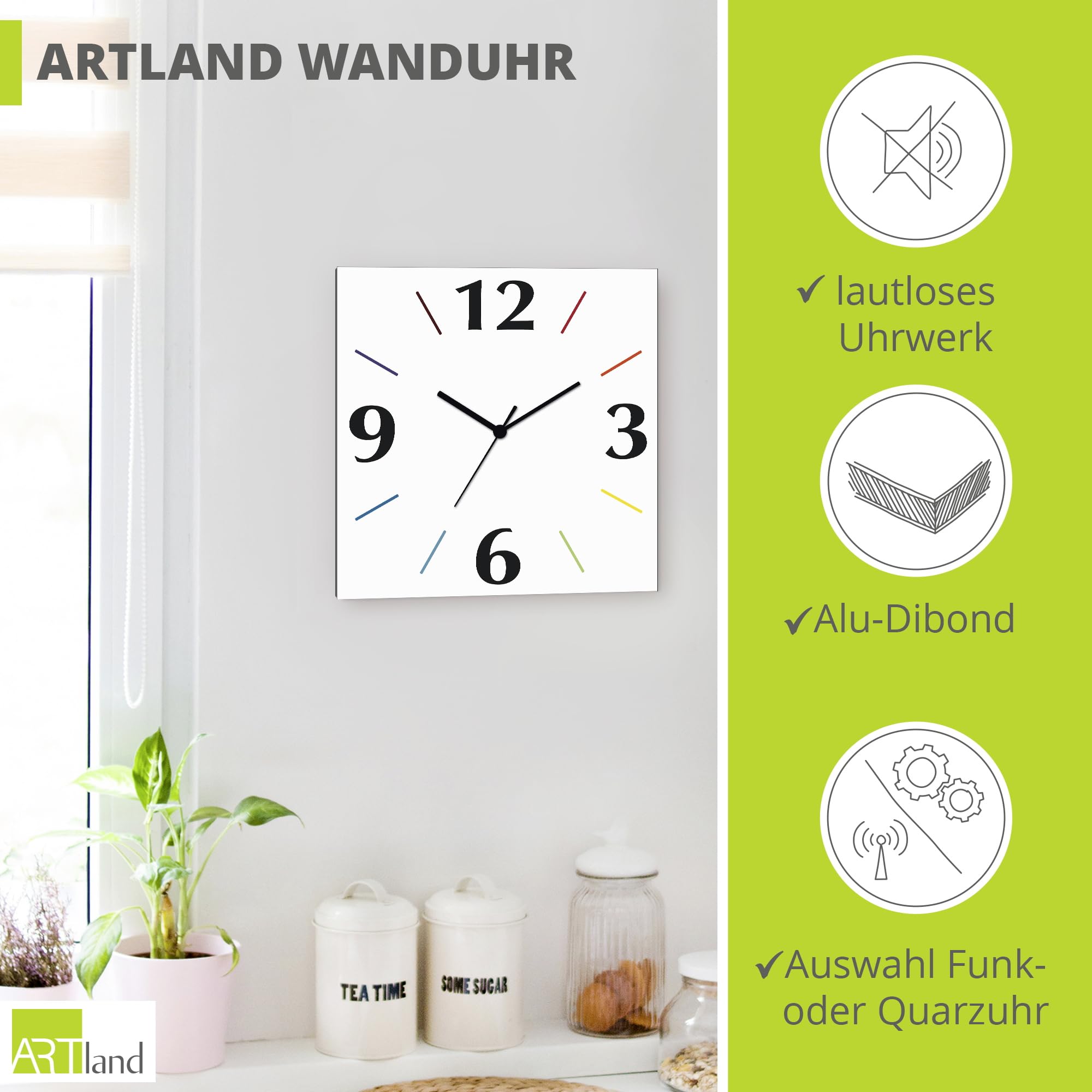 ARTLAND Wanddeko Wanduhr ohne Tickgeräusche Alu Funkuhr 30x30 cm Quadratisch Lautlos 4 Ziffern Farbig Schlichtes Design Weiß S7KI