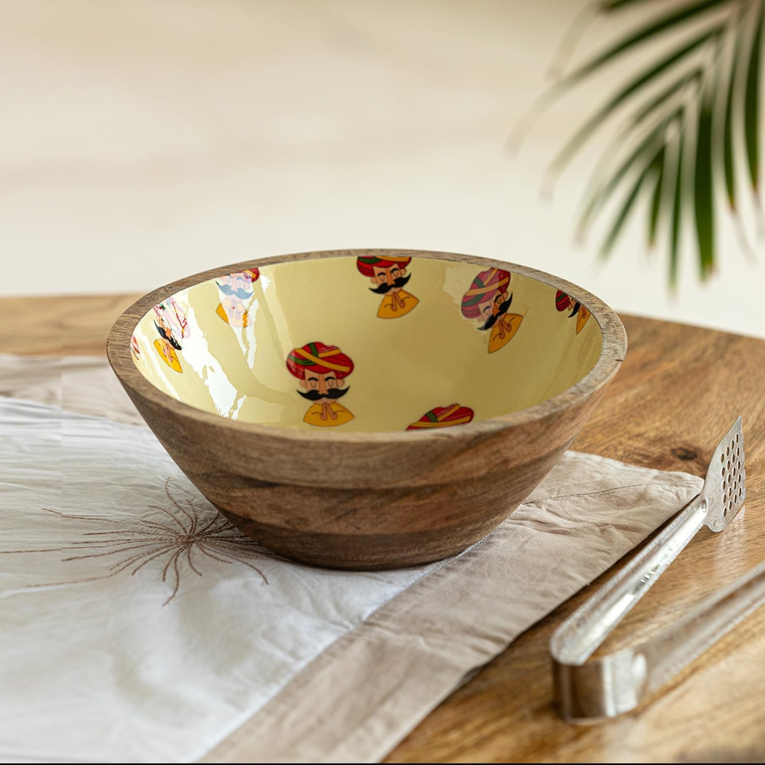 ExclusiveLaneFolk Musicians' Handenamelled Serving Salad Bowls | Handcrafted Salad Bowl Wooden Bowl for Serving Bowls for Kitchen (700 ml, Mango Wood, Yellow with Natural Wood Color)