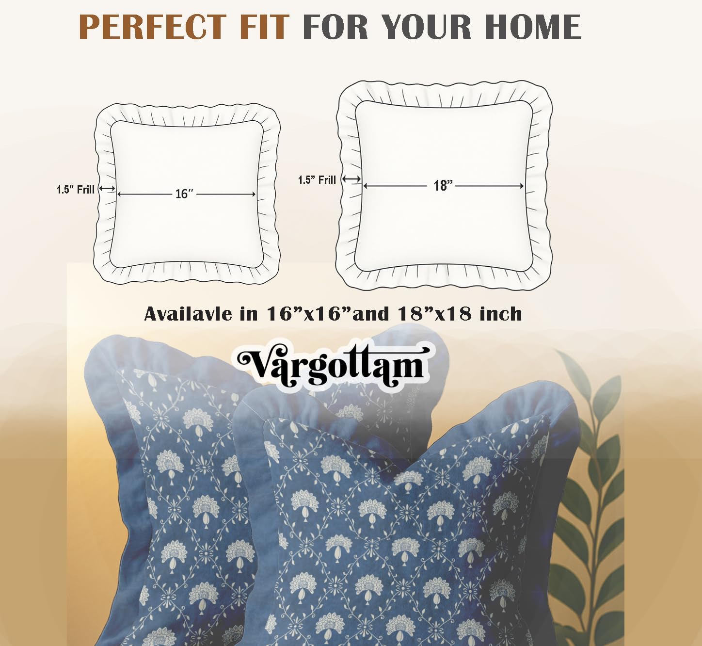 Floral Pattern Design, Decorative Cushion Covers 16x16-100% Cotton Twill Set of 2 with Ruffle Edges, Farmhouse Print, Concealed Zipper Closure, No Fillers