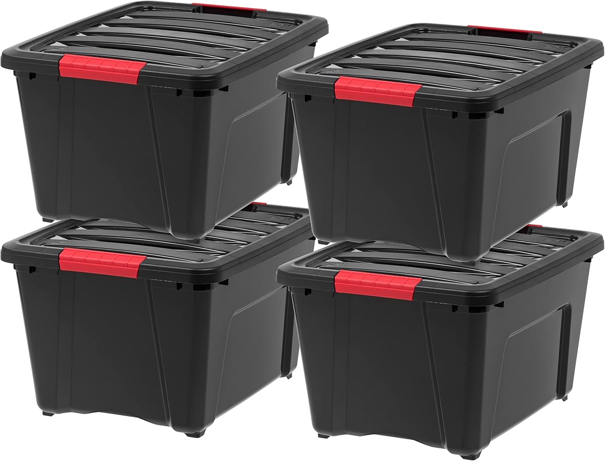 IRIS USA 4-Pack 32 Quart Storage Bins with Lids, Black | Black finish conceals stored items. Great for linens, décor, closet storage, and supplies. Nestable design saves space