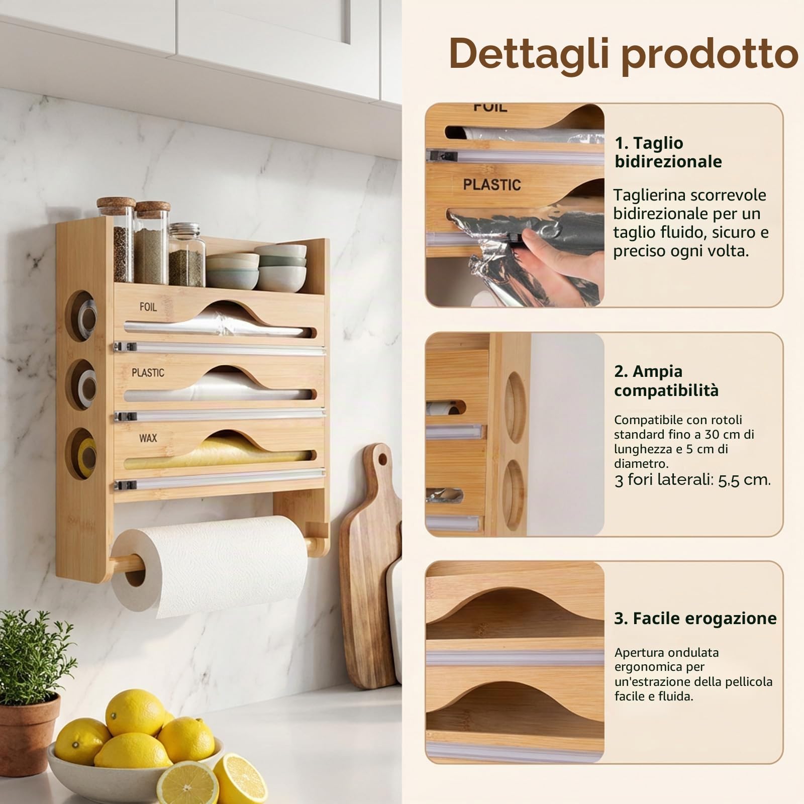 Dispenser di pellicola con taglierino,porta pellicola per cucina,pellicola di alluminio di bambù e pellicola trasparente organizer con coltello da taglio