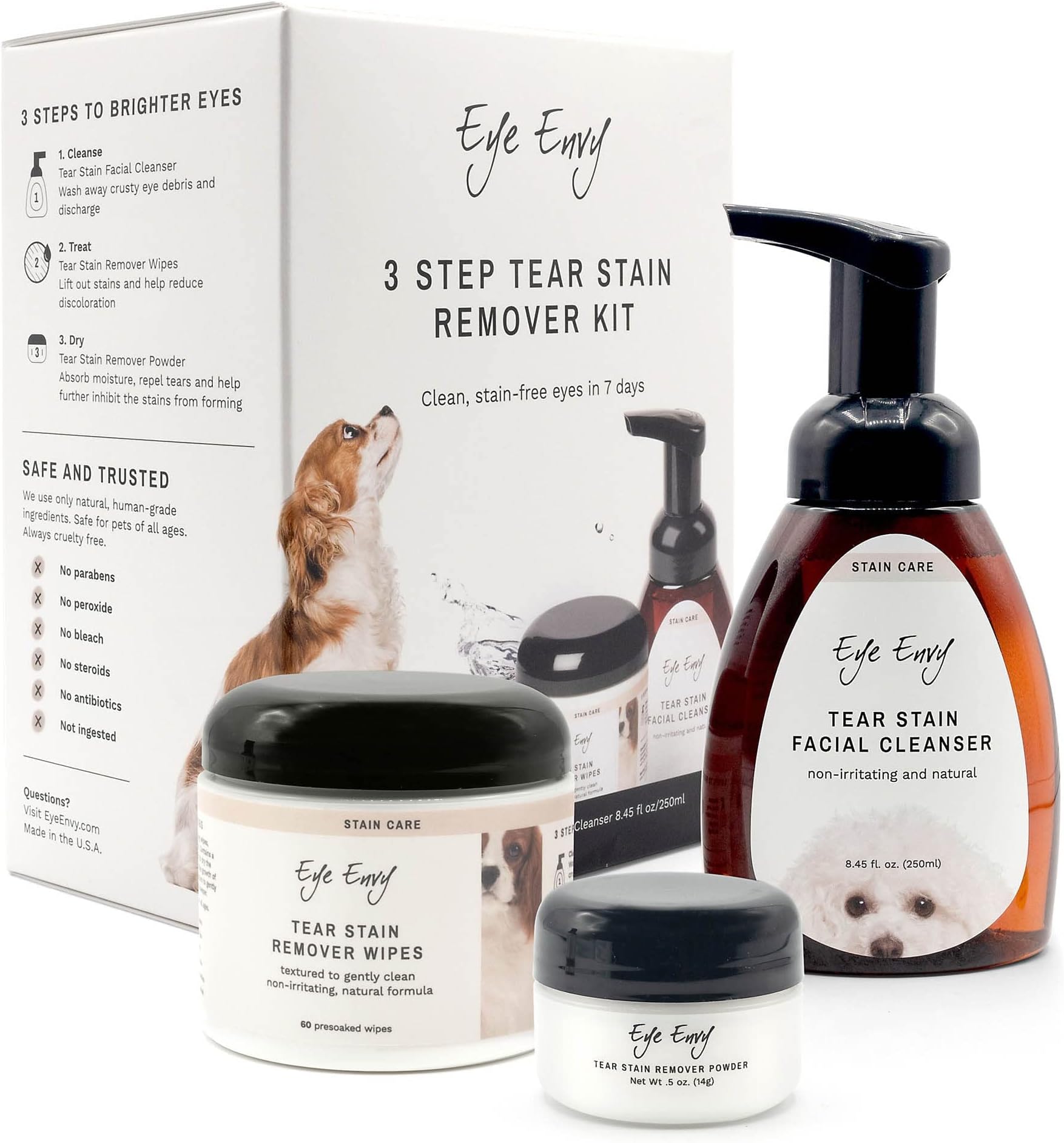 Eye Envy 3 Step Tear Stain Remover Kit for Dogs | Clean, Stain-Free Eyes in 7 Days | Contains: Cleanser 8.45 fl.oz, Wipes 60 Count and Powder 0.5oz | Non-irritating and Natural