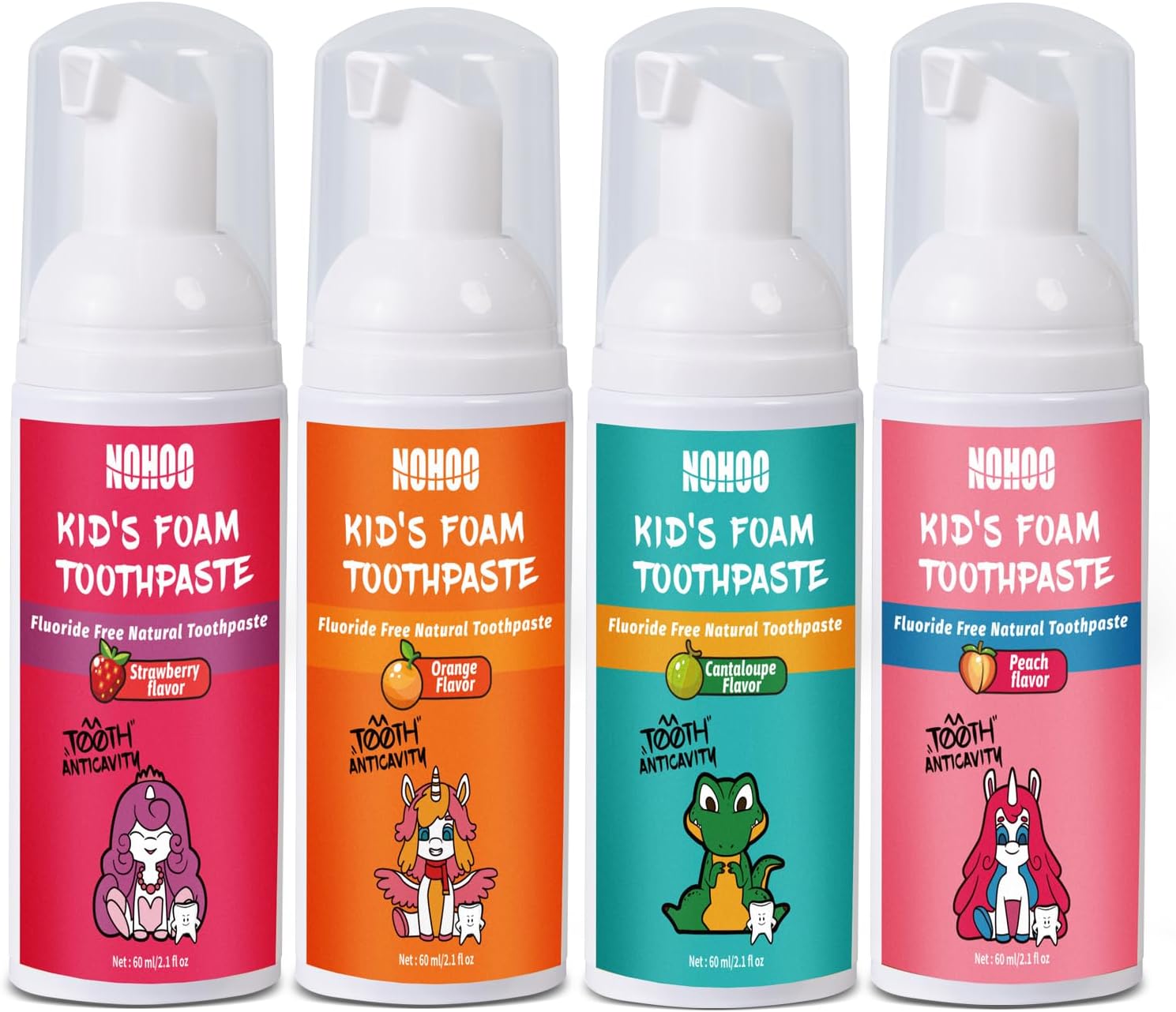 NOHOO Fluoride Free Foam Toothpaste Kids Fruit Flavour,Natural Training Toothpaste for Baby Toddler Children Oral Cleaning and Cavity Protection Strawberry Orange Peach Cantaloupe