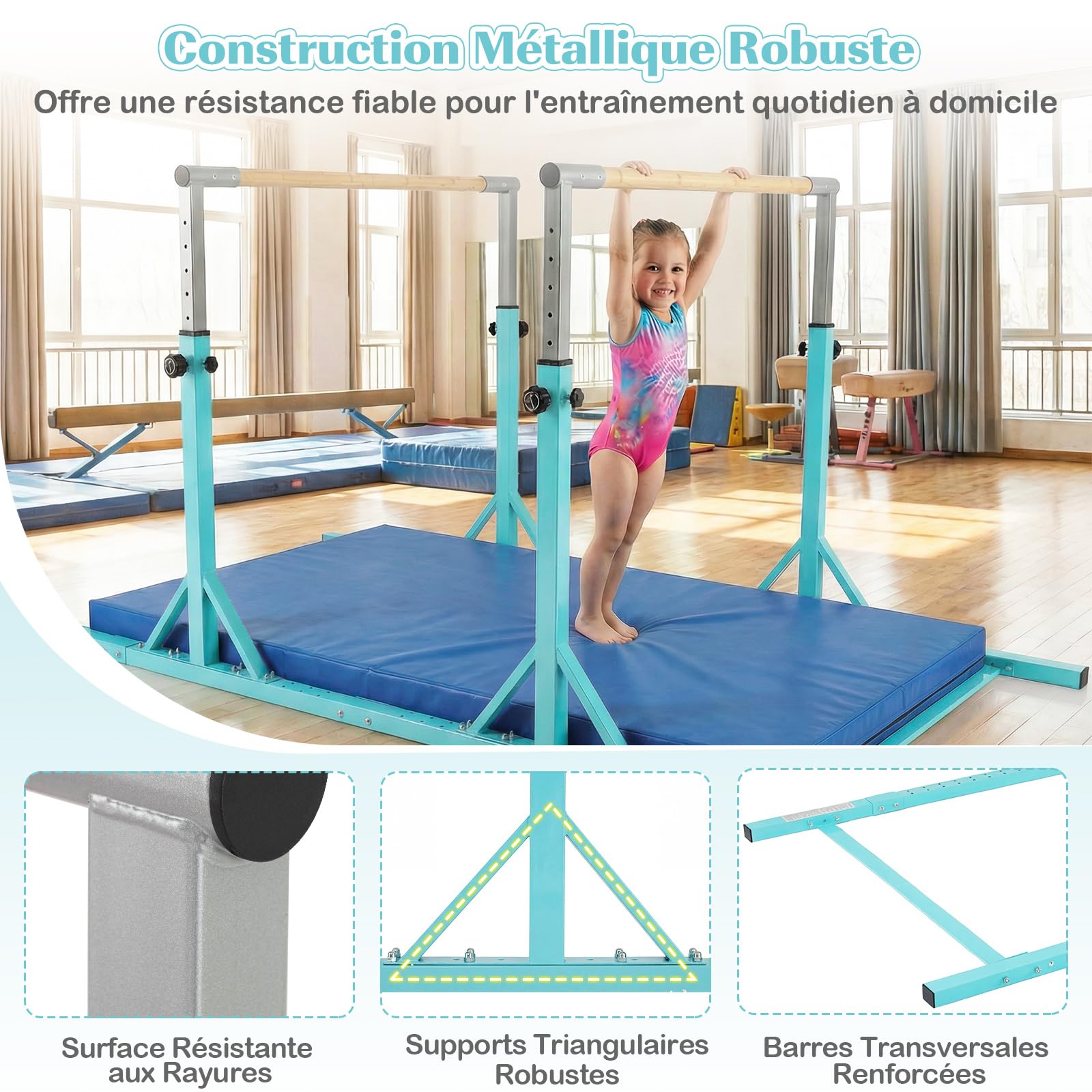 COSTWAY Barres Parallèles de Gymnastique Hauteur Réglable 13 Niveaux, Double Barre Gymnastique à Largeur Réglable Charge Total 160KG, Entraînement pour Enfants 3 Ans+ (Vert)