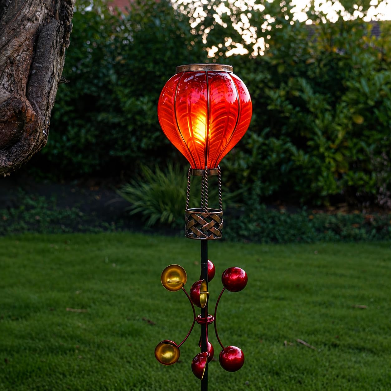 Festive Lights - 1.15m Red Solar Hot Air Balloon Wind Spinner Stake Light - 20 Amber LED, Flickering Flame Effect, Weather-Resistant - IP44 Outdoor Garden Ornament with Sturdy Double Ground Base