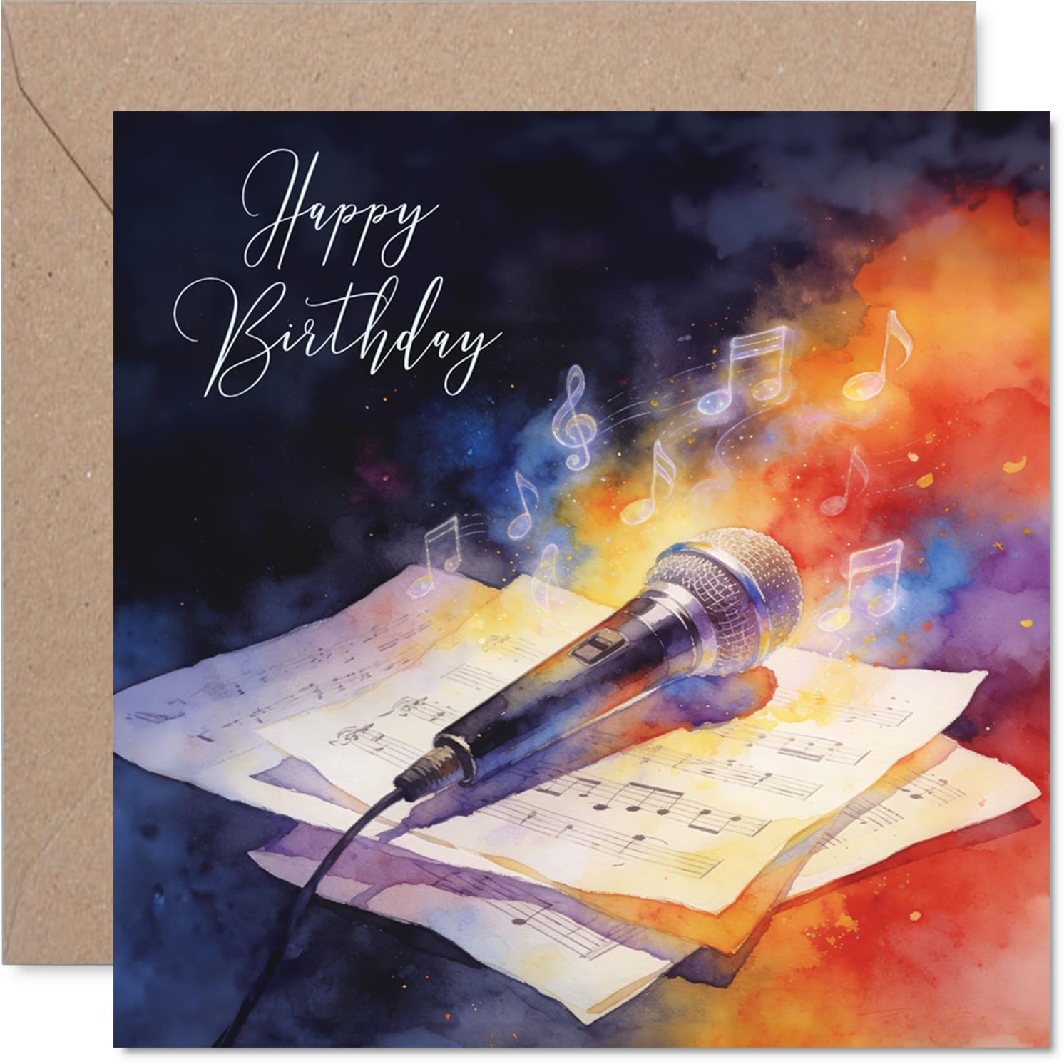 Playful Birthday Card - Turn Up the Birthday Vibes - Vibrant Microphone and Musical Notes Design - Perfect for Music Lovers and Party Starters - 145mm Square, Envelope Included