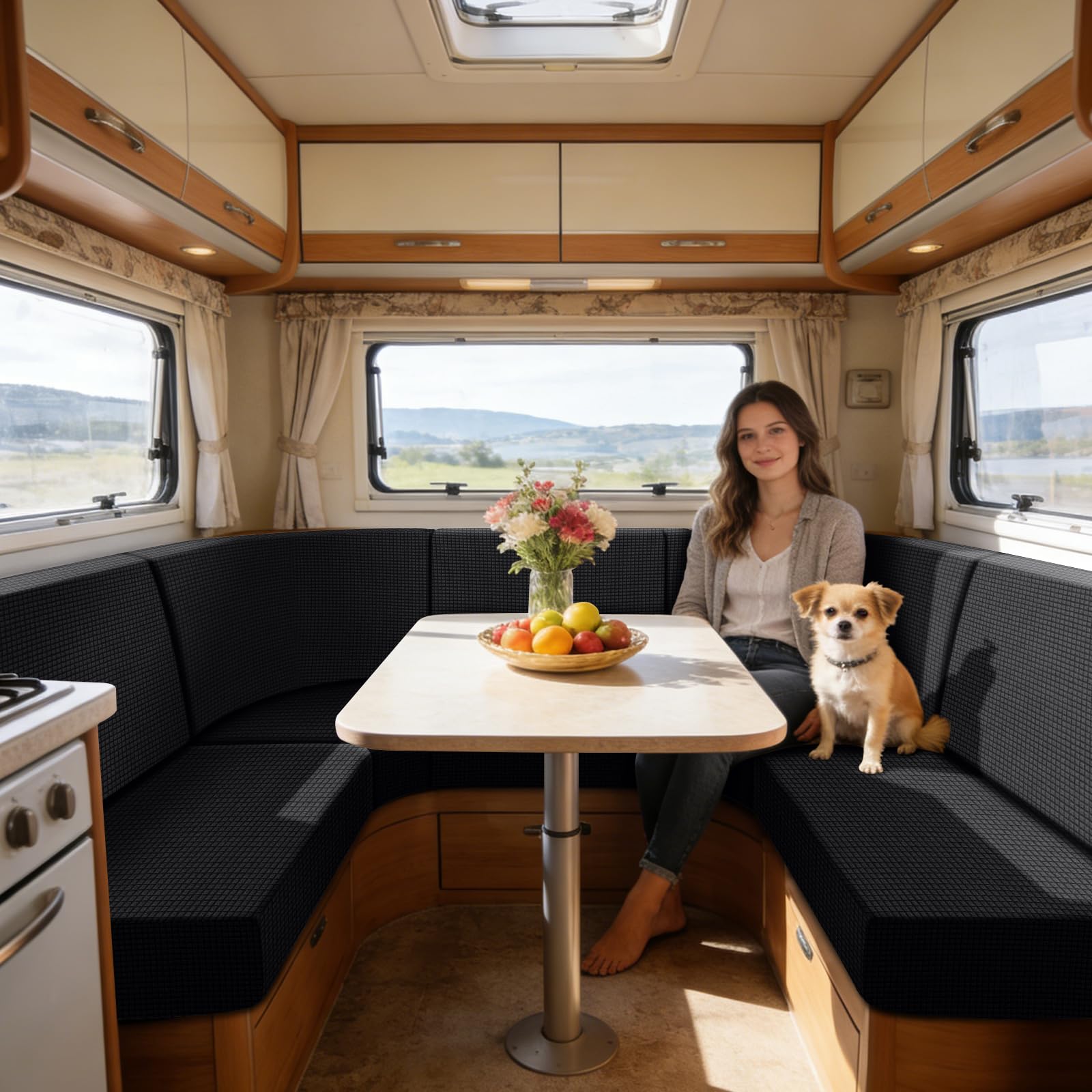 SYLC Caravan Seat Cover Stretch Jacquard, Non-slip RV Dinette Cushion Covers with 2 Straps, Couch Cushion Covers for Camper Sofa Bench (Black,W 70-95 cm, D 40-65 cm)