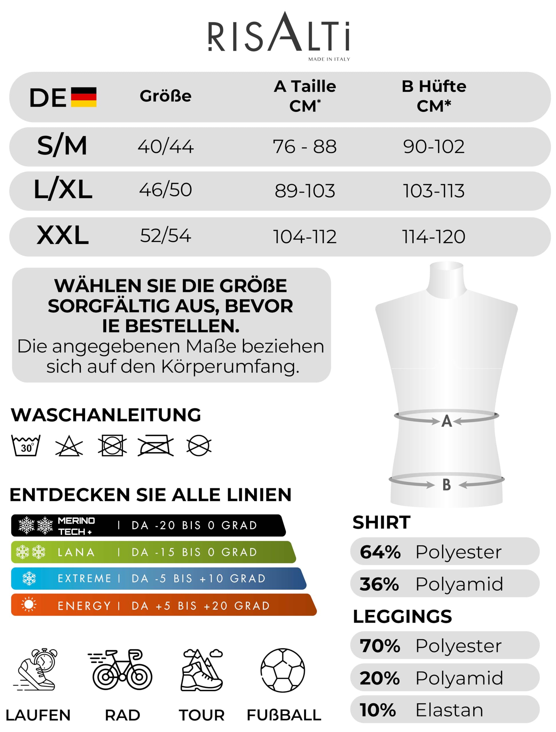 Risalti Thermounterwäsche Herren Energy – Thermoshirt Herren Langarm Und Thermounterhose Ohne Nähte Etiketten, Funktionsunterwäsche, Winter, Ski, Wandern – Made In Italy