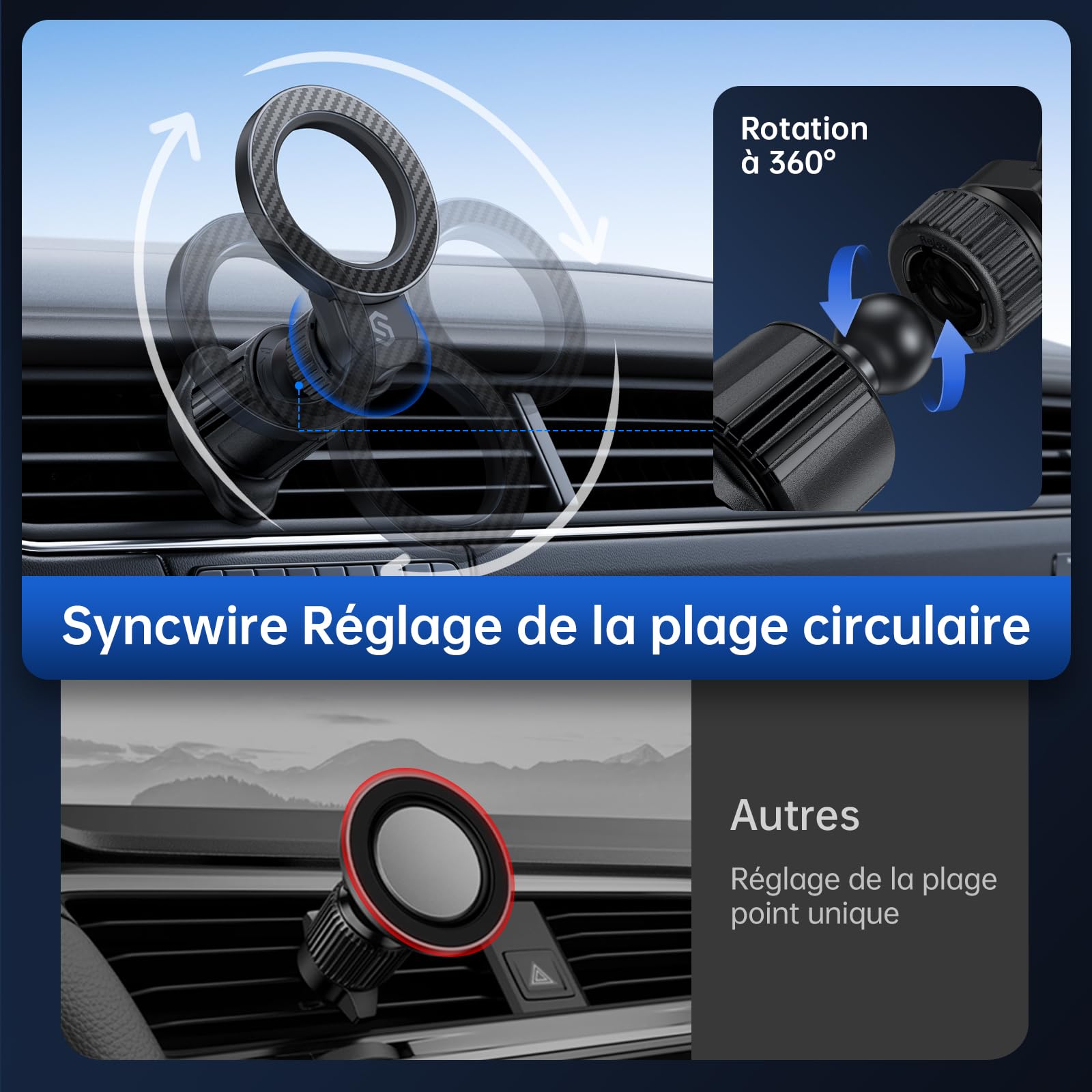 SYNCWIRE pour Support Voiture MagSafe, [Ventilation en Anneau] Support Téléphone Magnétique à Rotation 360 Degrés, Compatible avec iPhone 17 16 15 Pro Max 14 13 12, Samsung, Style en Fibre de Carbone