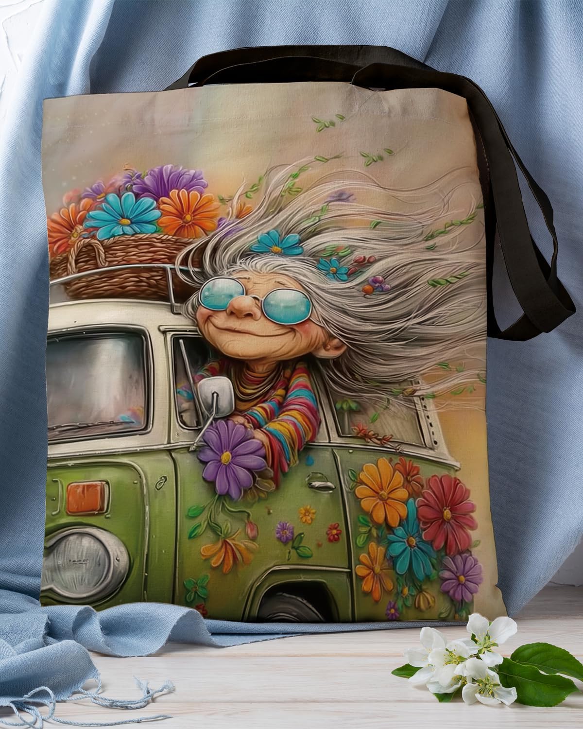 Funny Grandma Trip Tote Bag, Hippie Van Flower Power Canvas Bag, Two Sided Print Reusable Grocery Bags, Aesthetic Boho Shoulder Bags for Women, Retro Travel Gift Tote - Image 3