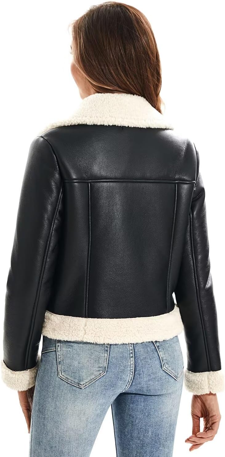 Women's Faux Shearing Moto Jacket Thick Fur Lined Coat Sherpa Leather Jacket - Image 4