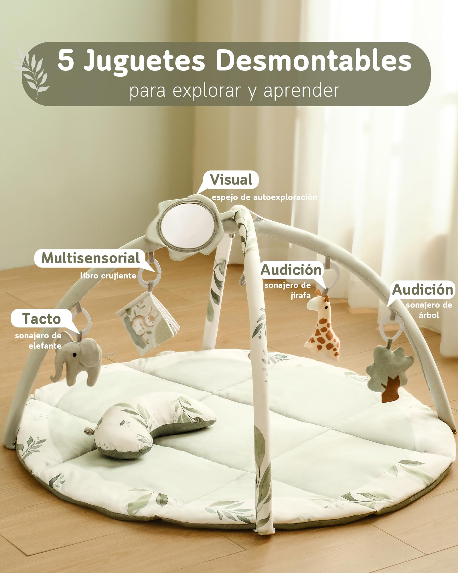 Fortella Gimnasio para Bebé, Tapete de Actividades, Manta de Juegos Plegable con 5 Juguetes Colgantes, Espejo y Almohada -Alfombra Acolchada para el Gateo, Desarrollo Infantil, 0-3-6-12 Meses(Verde)