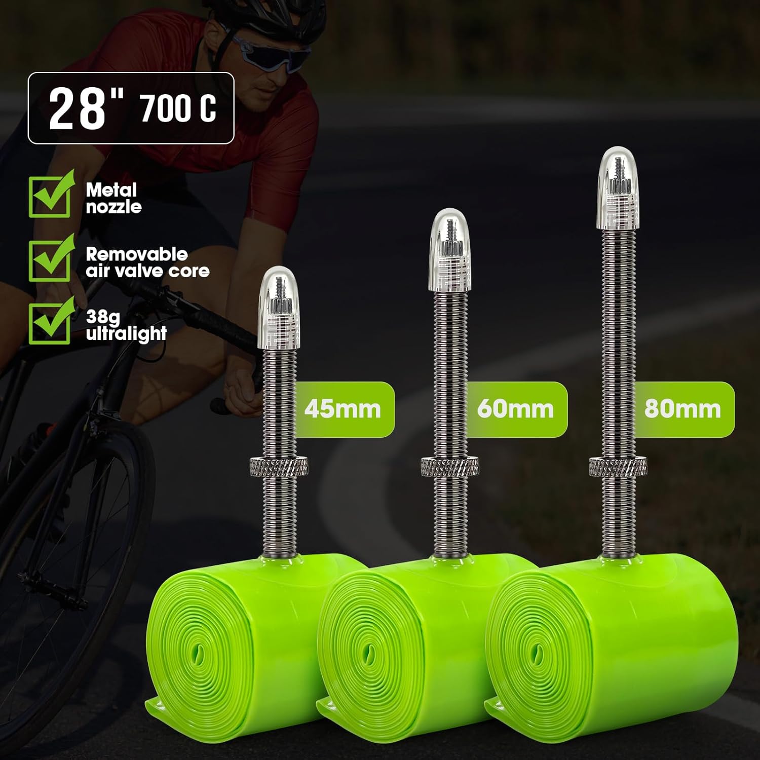 1/4-Pack TPU Inner Tubes 700x18-32c 700c Inner Tubes with Removable Core Ultralight 38g 45/60/80mm Metal Presta Valve