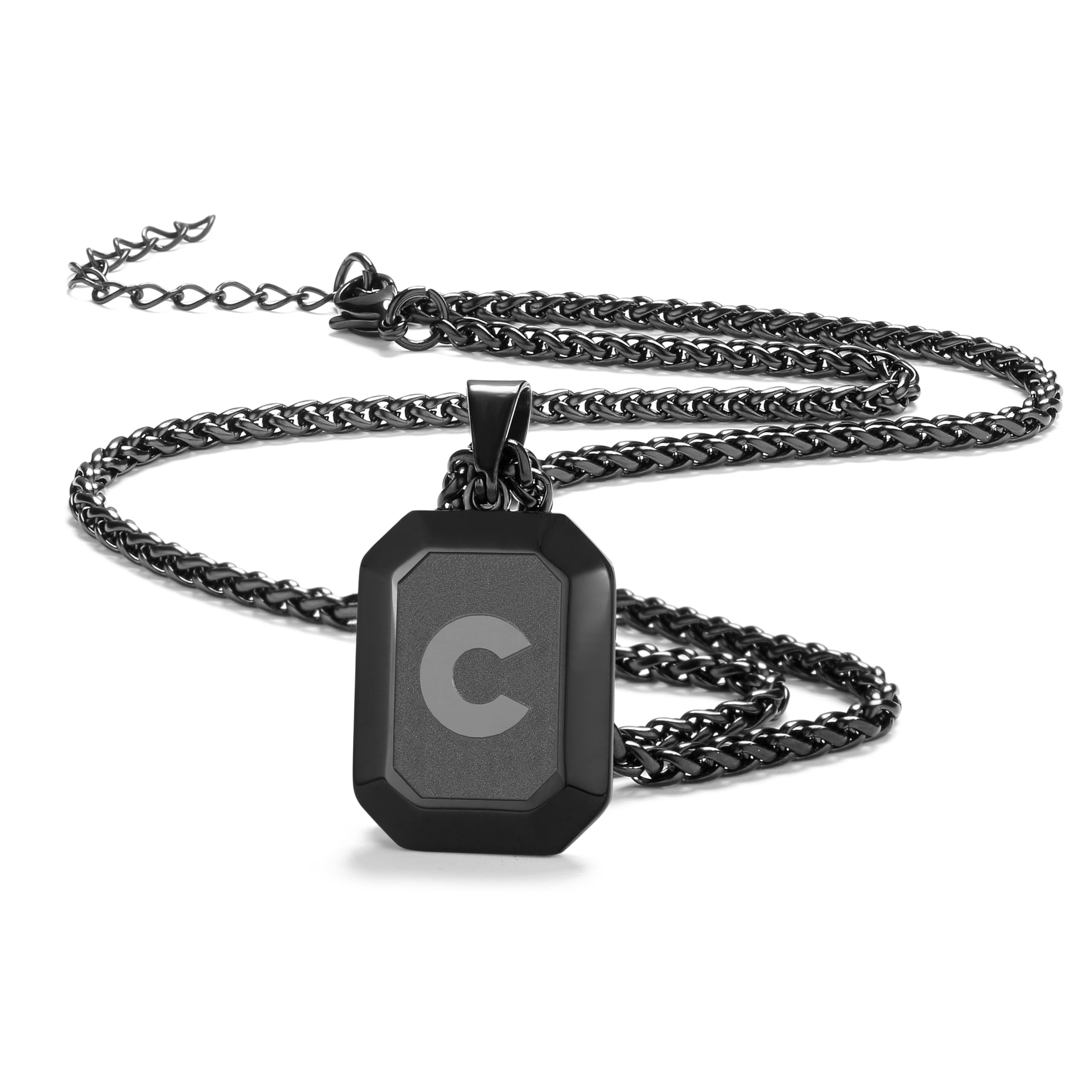 Miss Chipmunk Initial A-Z Halskette für Männer Jungen, Edelstahl Quadrat Brief Anhänger Kette für Männer, 20 + 2 Zoll Weizen Kette Alphabet Monogramm Hundemarke Halsketten Schmuck Geschenke
