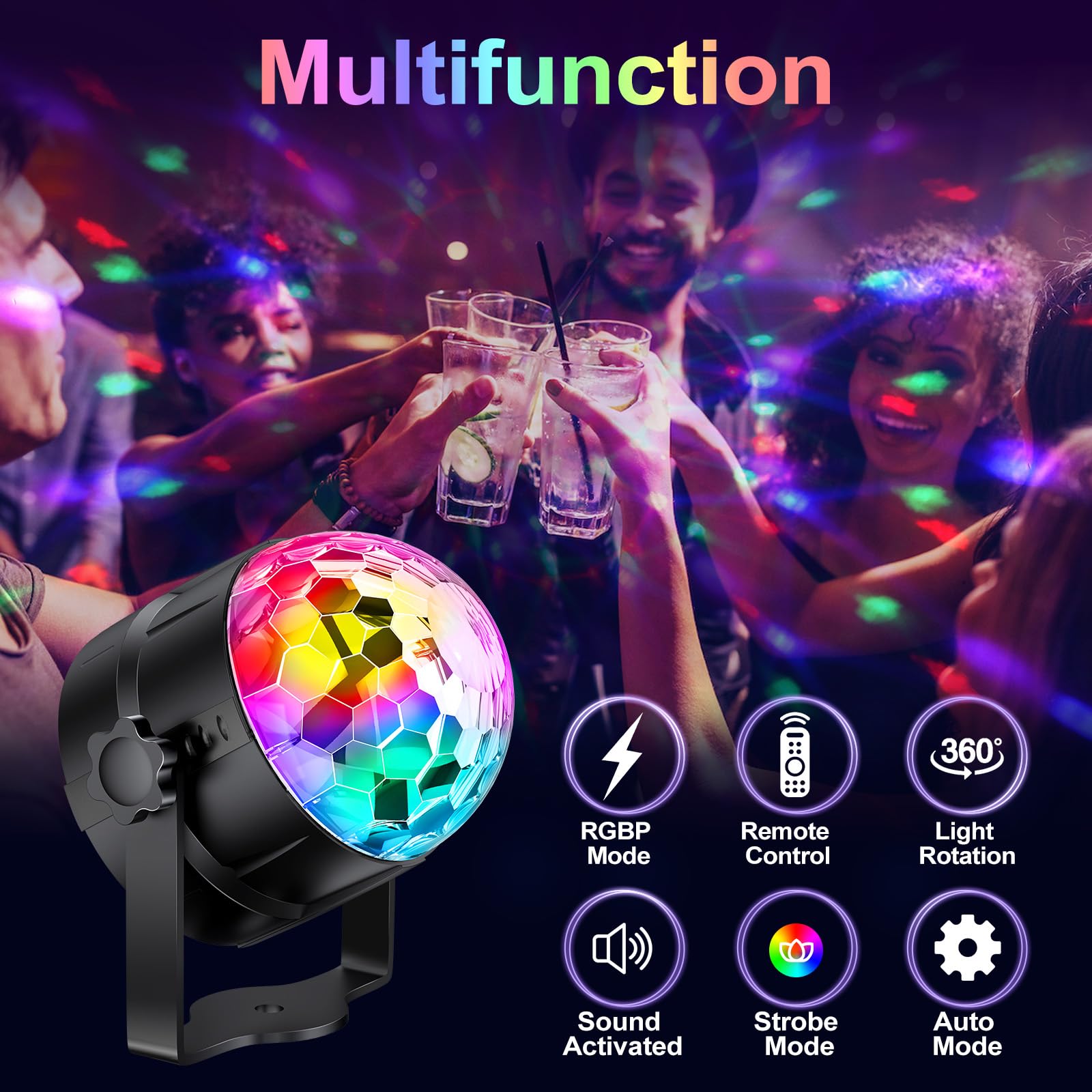 Gobikey Luci discoteca, 360° rotante con controllo musicale, palla da discoteca per feste con telecomando e cavo da 2 metri, 15 effetti luminosi RGBP, ideale per feste in casa, compleanni, festività