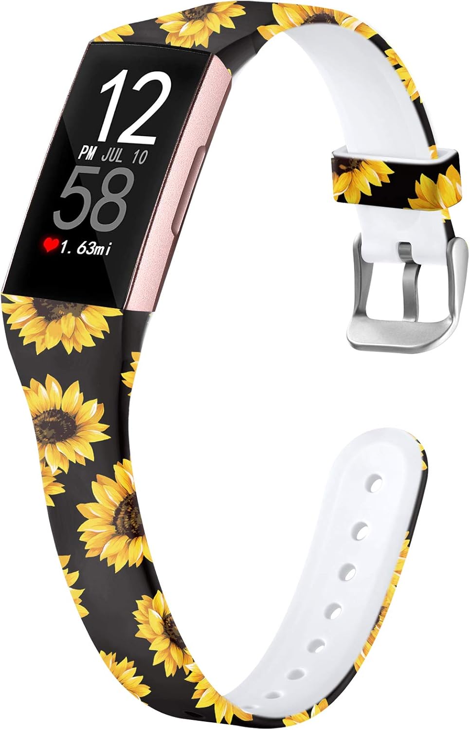 Nofeda Bands Compatible with Fitbit Charge 3/ Charge3 SE/Fitbit Charge 4 Bands for Women, Slim Soft Printed Fadeless Replacement Strap Band for Women Men, Small, Black Sunflower