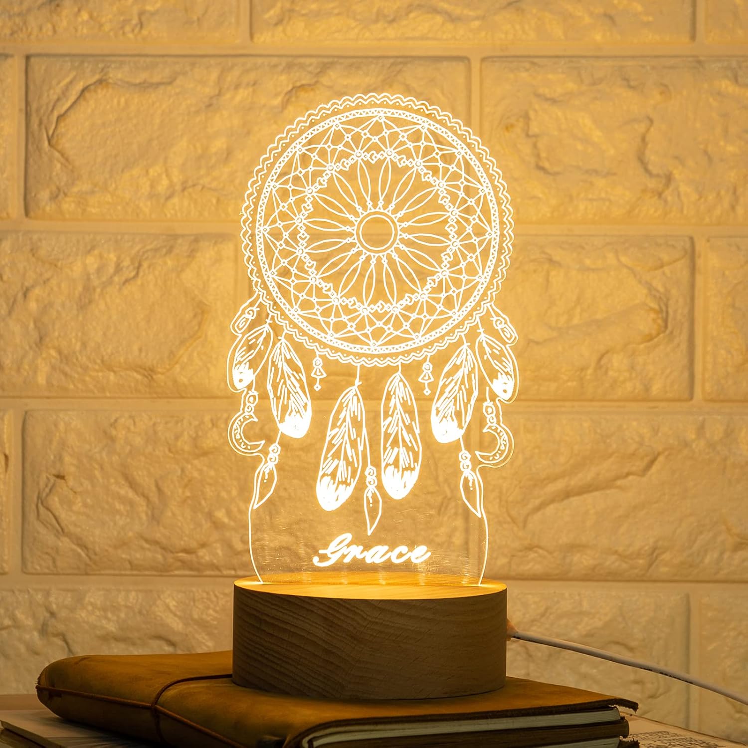 Lovejewelry Personalized Dream Catcher Night Light with USB Charger 3D Dreamcatcher Name Light for Table Custom Names Bedroom Lamp for Teen Girl Room Decor (Moon and Sun)