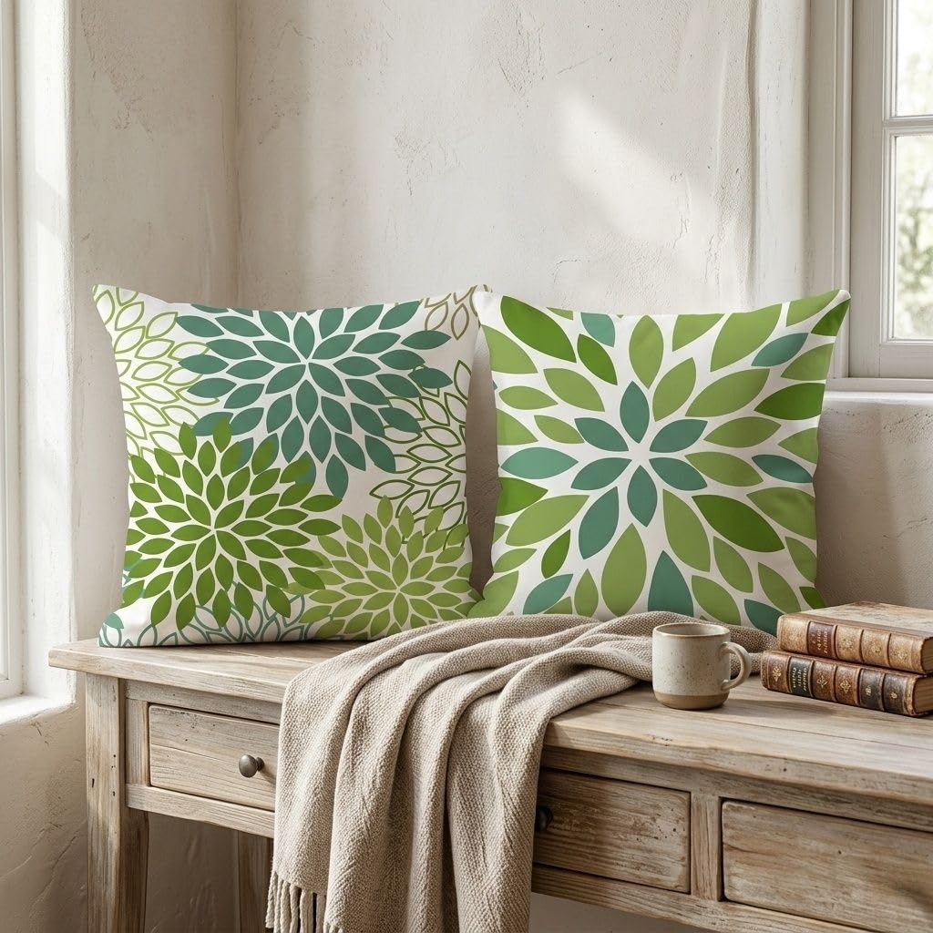 Hopomoon Set 4 Federe Cuscino Piante verdi, Lino bianco 45x45cm, Cerniera invisibile, Lavabile