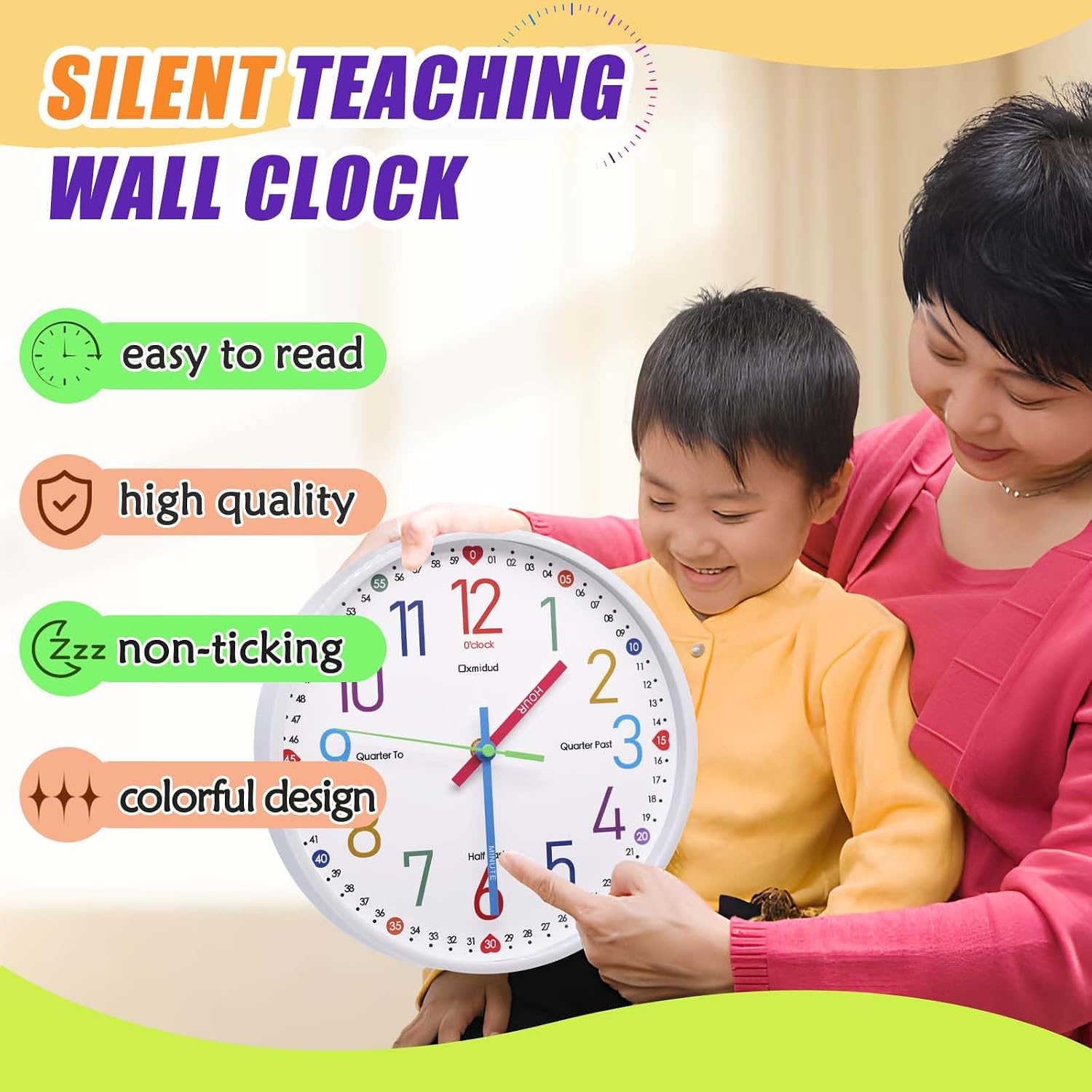 Learning Clock for Kids,10'' Silent Non-Ticking Teaching to Tell Time Colorful Wall Clocks for Children's Room Bedroom Classroom Home Decor, Gifts for Christmas Birthday (White)