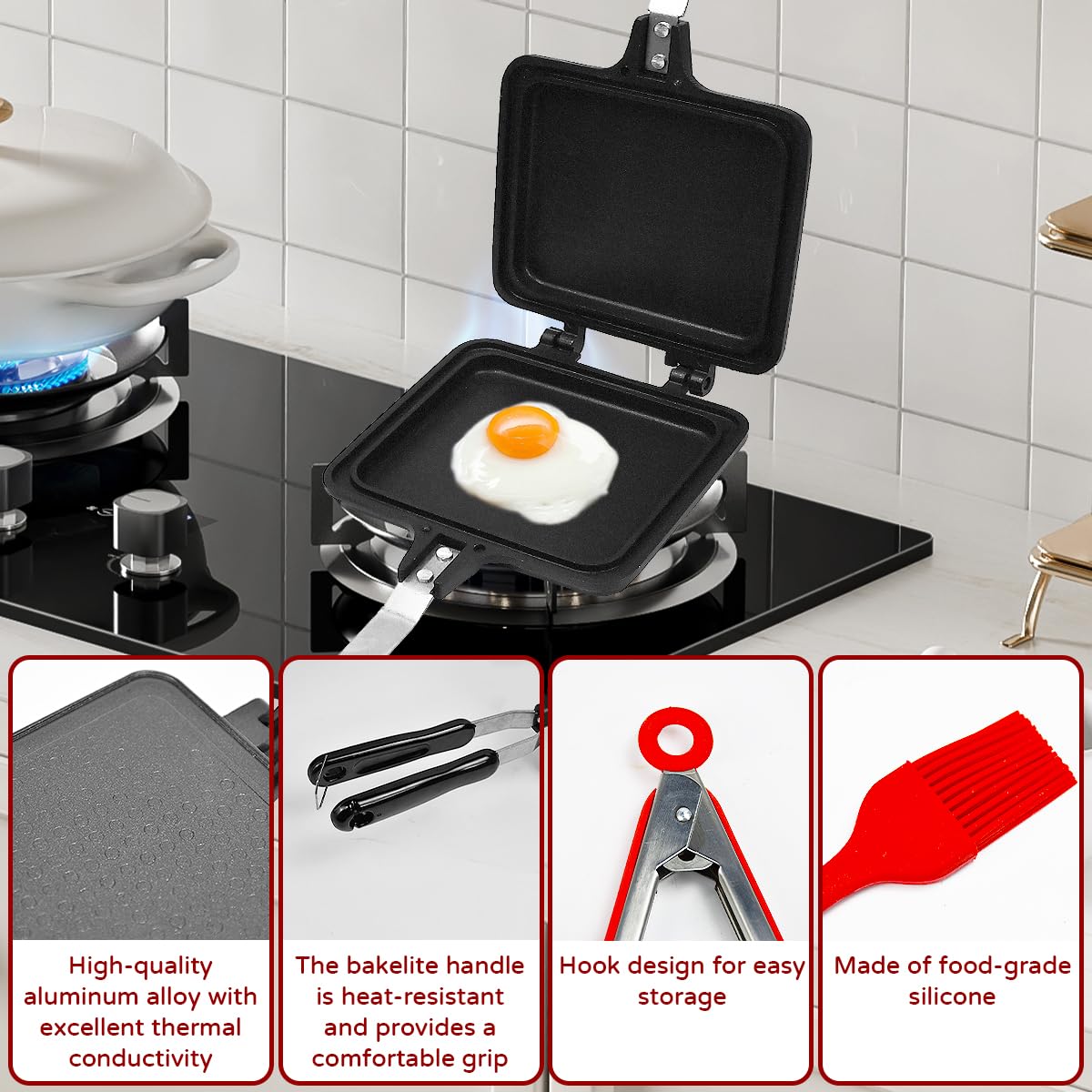 Pfanne Sandwich Maker Doppelseitig Bratpfanne Toastpfanne mit Hitzebeständigem Griff 35 x 15cm Camping toaster Sandwichmaker Tortillas Bratpfanne Panini Maker Pan für Frühstück Camping Outdoor