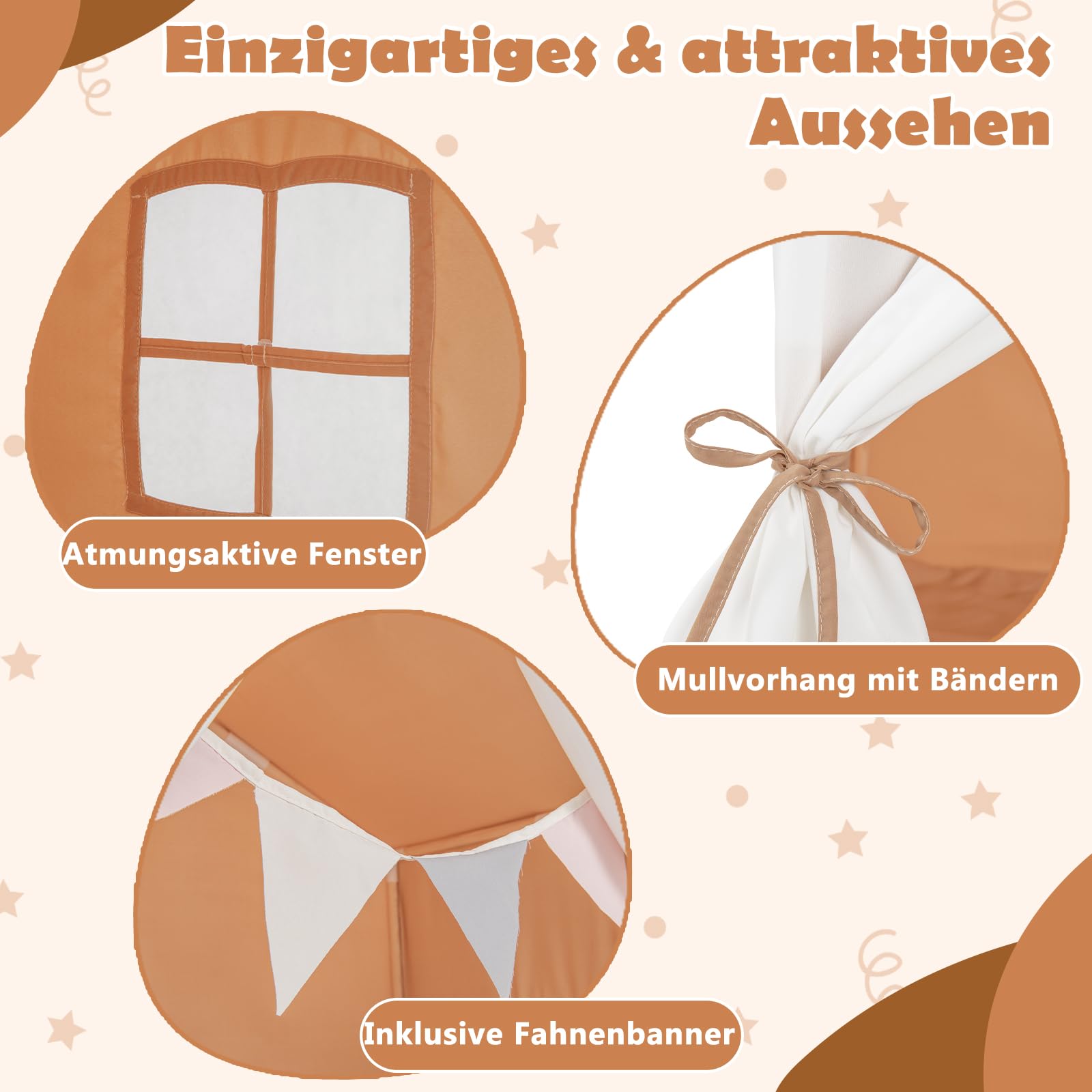 GOPLUS Kinderzelt mit Holzrahmen, Multifunktionaler Kinderspielhaus mit Fahnenbanner, großem Vorhang & 2 Fenster, Spielzelt für Jungen und Mädchen ab 3 Jahren, für Innen- & Außenbereich (Hellbraun)
