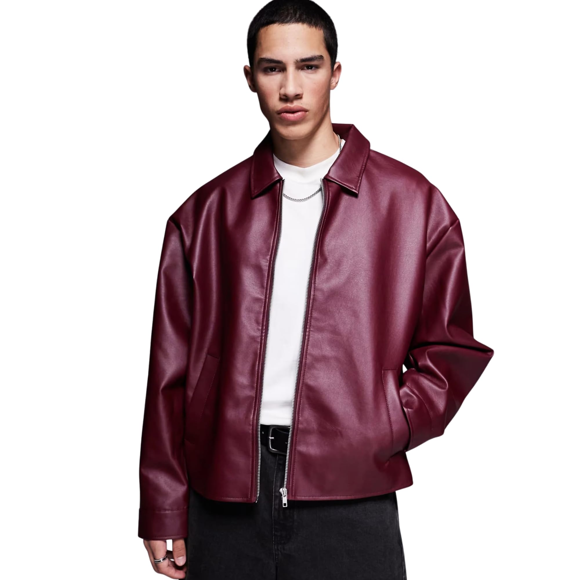 WesternVibe Men's Oversized Faux Leather Jacket for Men Burgundy PU Leather Casual Biker Jacket with Shirt Collar Front Zip Full Sleeves Streetwear Stylish Coat-image-32