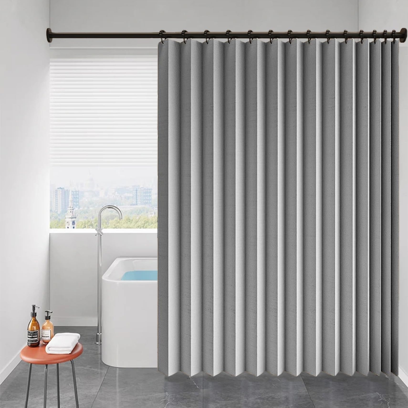 Cortina de Ducha Plegable 280 x 165 cm Protege La Privacidad, Magnética, a Prueba de Salpicaduras Cortinas de Ducha Plisadas Lavables para Familia, Hotel, Casa de Familia, Gris