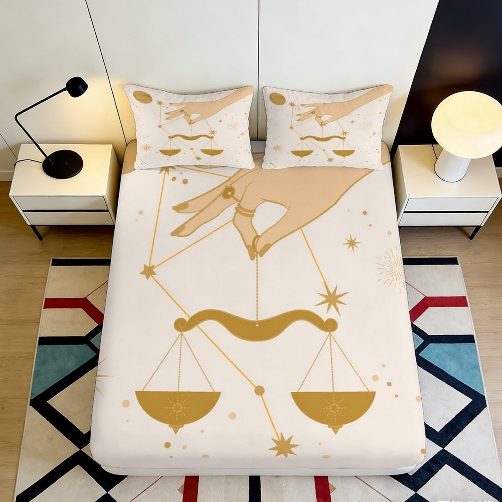 3D Printed Libra Zodiac Fitted Sheet Microfiber Soft Gold Balance Scale Bed Sheet Bedroom Decor Mattress Cover 90x200x25cm