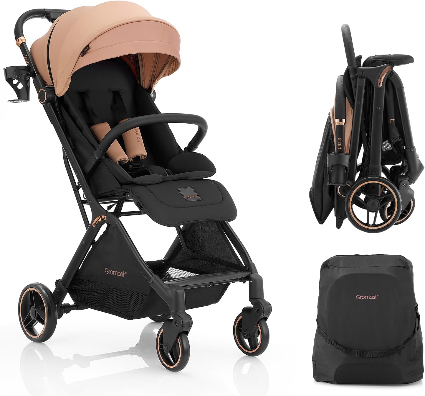 Gromast Gravity Folding Baby Stroller - Portable Travel Toddler Stroller w/Adjustable Backrest, Canopy & Cup Holder, Lightweight and UV Protected, One-Hand Automatic Folding - Khaki