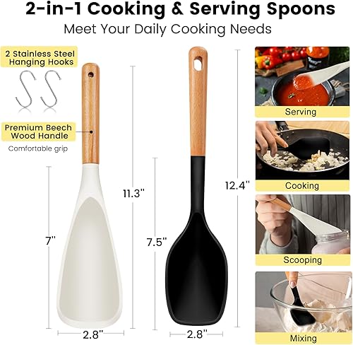 Miniatura 4 de Juego de cucharas de cocina de silicona grandes, 2 cucharas de servir resistentes al calor, utensilios de cocina antiadherentes con mango de madera,