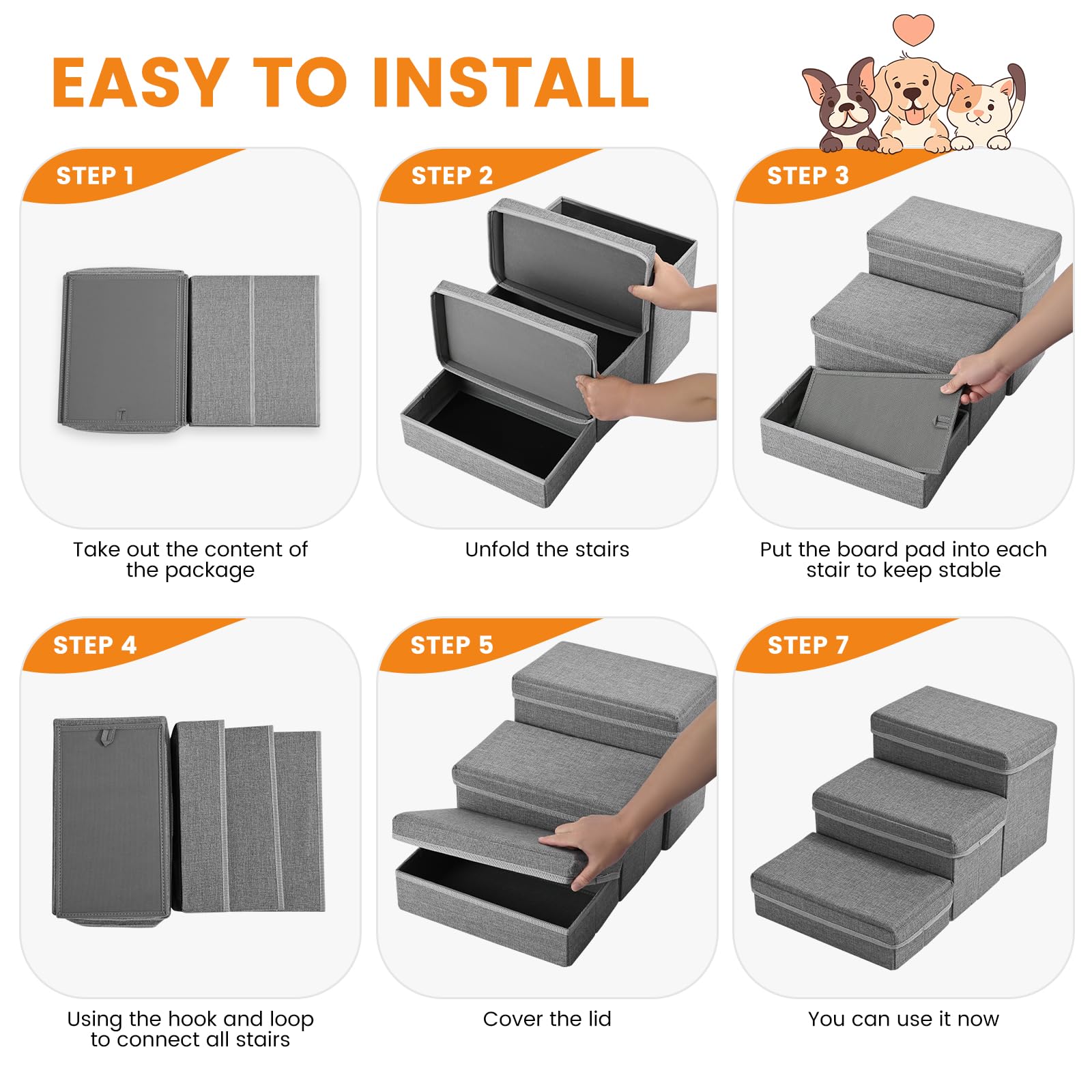 Escalier pour Chien, Sunowl Pliable Escalier Chien en 3 Marches, Extra Larges Rampe pour Chien avec Rangement, Surface Antidérapante, Aide l'animal à Monter Facilement, Escalier pour Chien et Chats