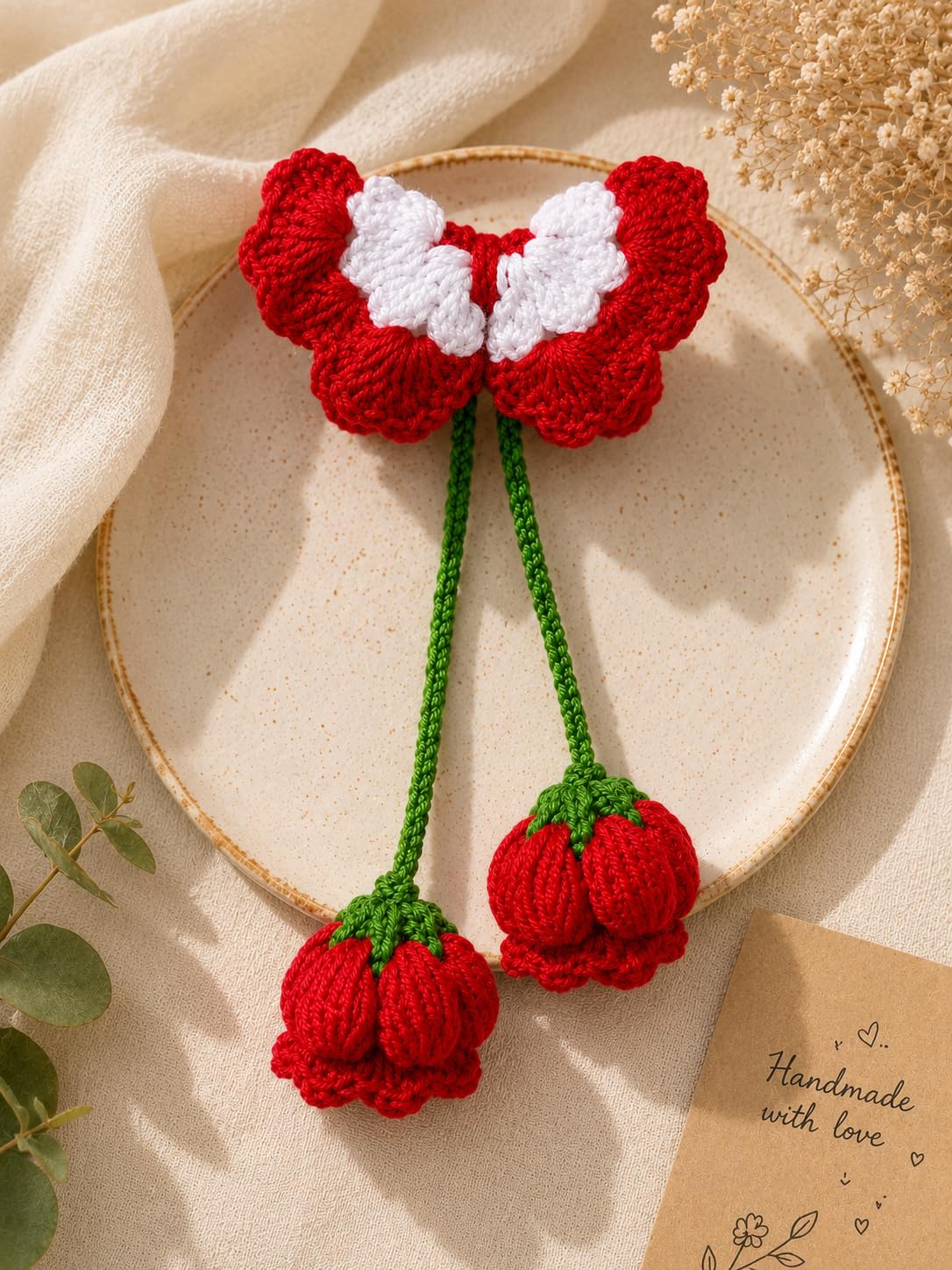 Ruchi E-Commerce Handmade Crochet Cherry Hair Bow Scrunchie for Women & Girls | Soft Knitted Hair Tie with Double Cherry Tassels | Cute Aesthetic Hair Accessory for Ponytail, Braids, Buns & Everyday Styling (Red & White)-image-26
