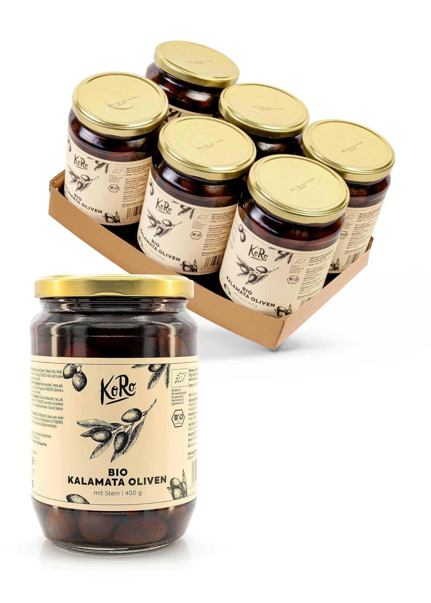 KoRo - Olives Kalamata Bio avec noyau 6 x 400 g - aromatique unique - olives naturelles en saumure - provenance Grèce