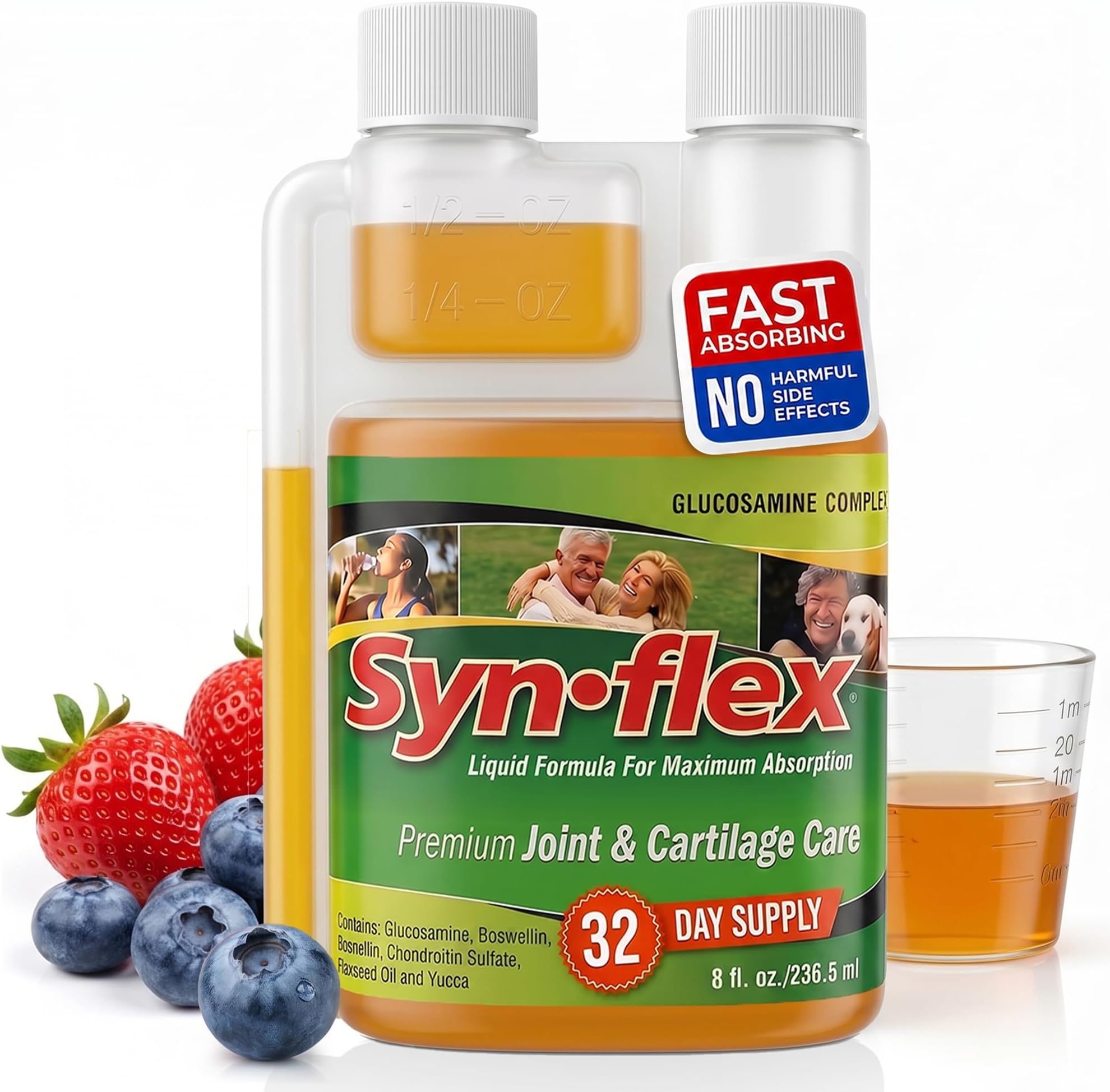 Synflex Concentrated Liquid Glucosamine Chondroitin 1250mg Joint Support | 32-day supply, HSA/FSA, fast-absorbing, Boswellia, manganese, bromelain, yucca, berry flavor, for adults, 1/4 oz serving