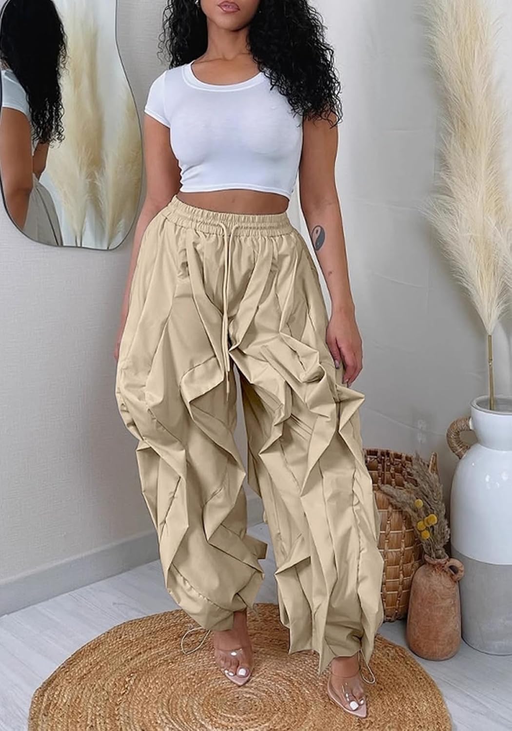 Women Casual Baggy Cargo Pants Trendy High Waisted Ruffle Patchwork Long Trousers with Drawstring - Image 3