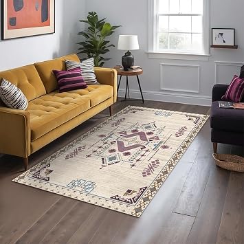 Plum Kadife Kaymaz Pamuk Tabanlı Yıkanabilir Antibakteriyel Salon Halısı (200x300, Kilim Desenli)