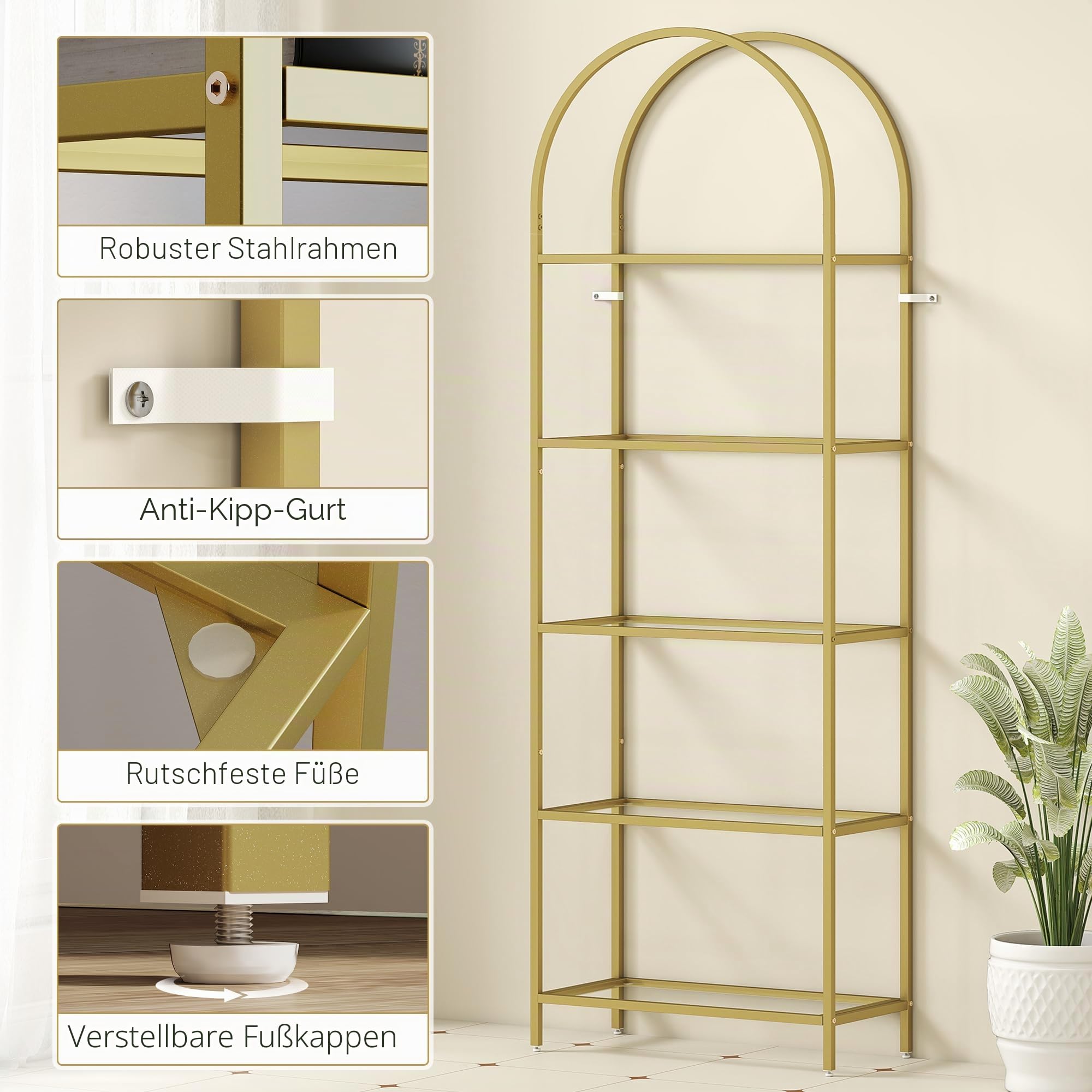 HOMCOM 5-stufiges Bücherregal 60x30x175 cm Gold
