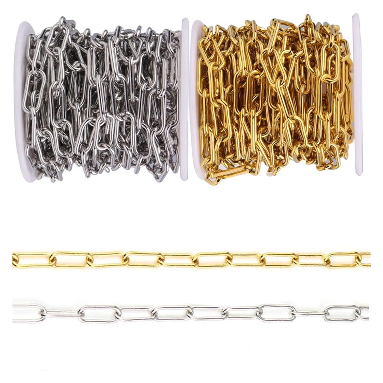 Cadena de clip de acero inoxidable (rollo de 1 a 5 m), color dorado, for hacer joyas, collares, pulseras y manualidades.