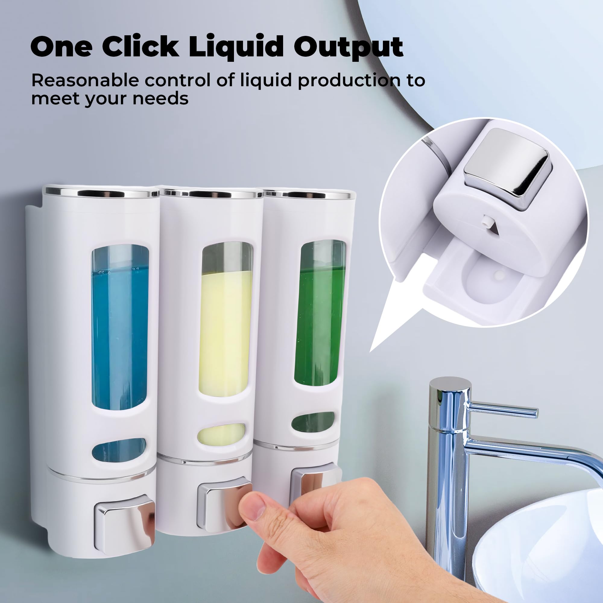 Dispensador de jabón, 3 cámaras de 400 ml, montado en la pared, sin taladro, color blanco