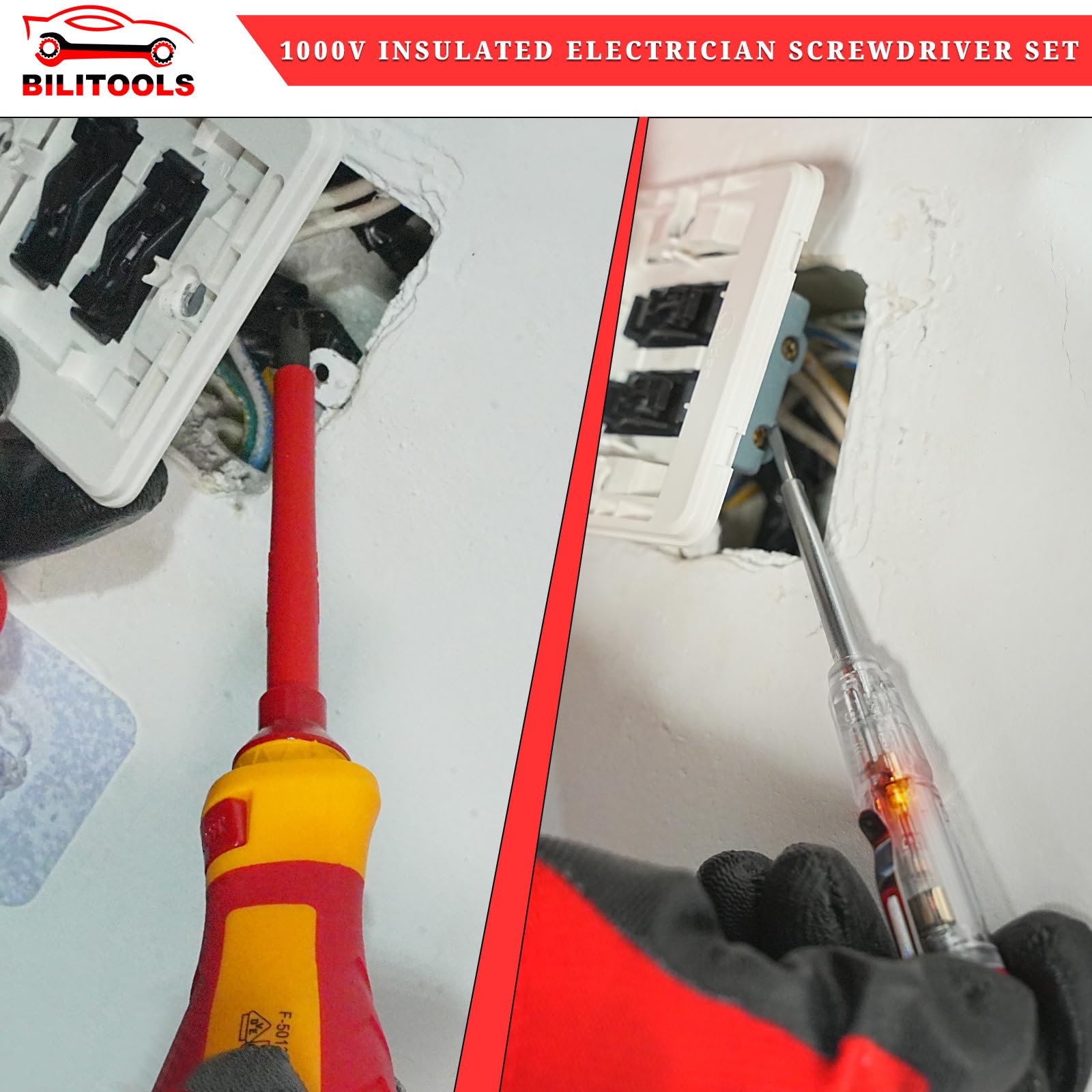 BILITOOLS Set di cacciaviti da elettricista isolati da 1000 V, kit di 13 strumenti elettrici con punte magnetiche in acciaio CR-V, manico isolato, Phillips, scanalato, Pozi, cacciaviti Torx