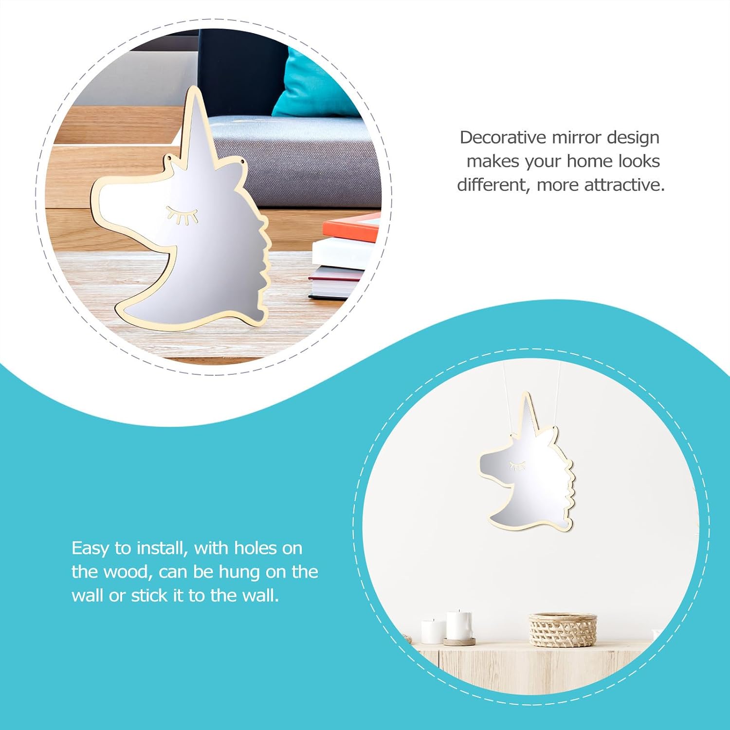 SOLUSTRE Unicorn Shaped Wall Mirror Ornament Acrylic for Room Decor