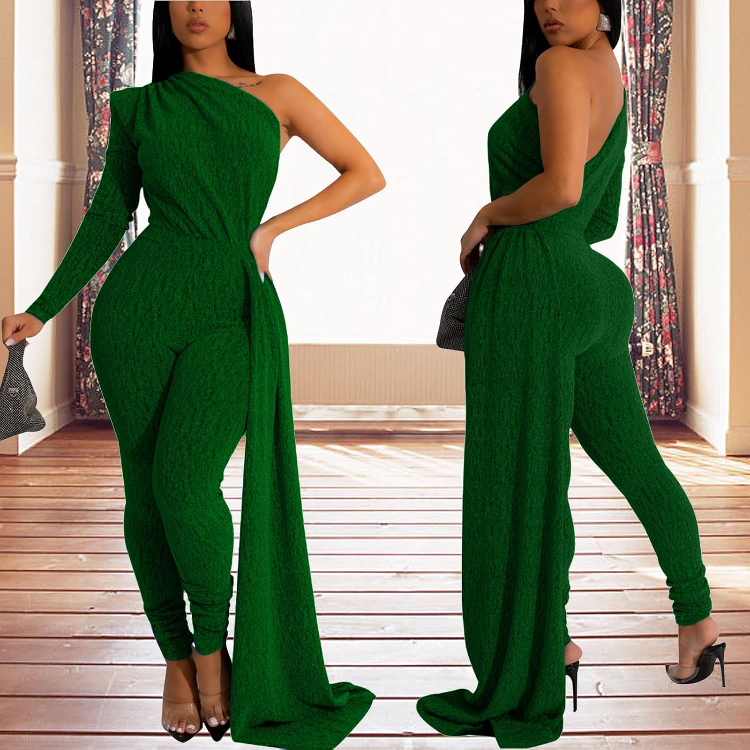 Women's Sexy Sparkly One Shoulder Long Sleeve Bodycon Jumpsuits Stretchy Long Pants Clubwear Party Rompers With Belt Rope - Image 4