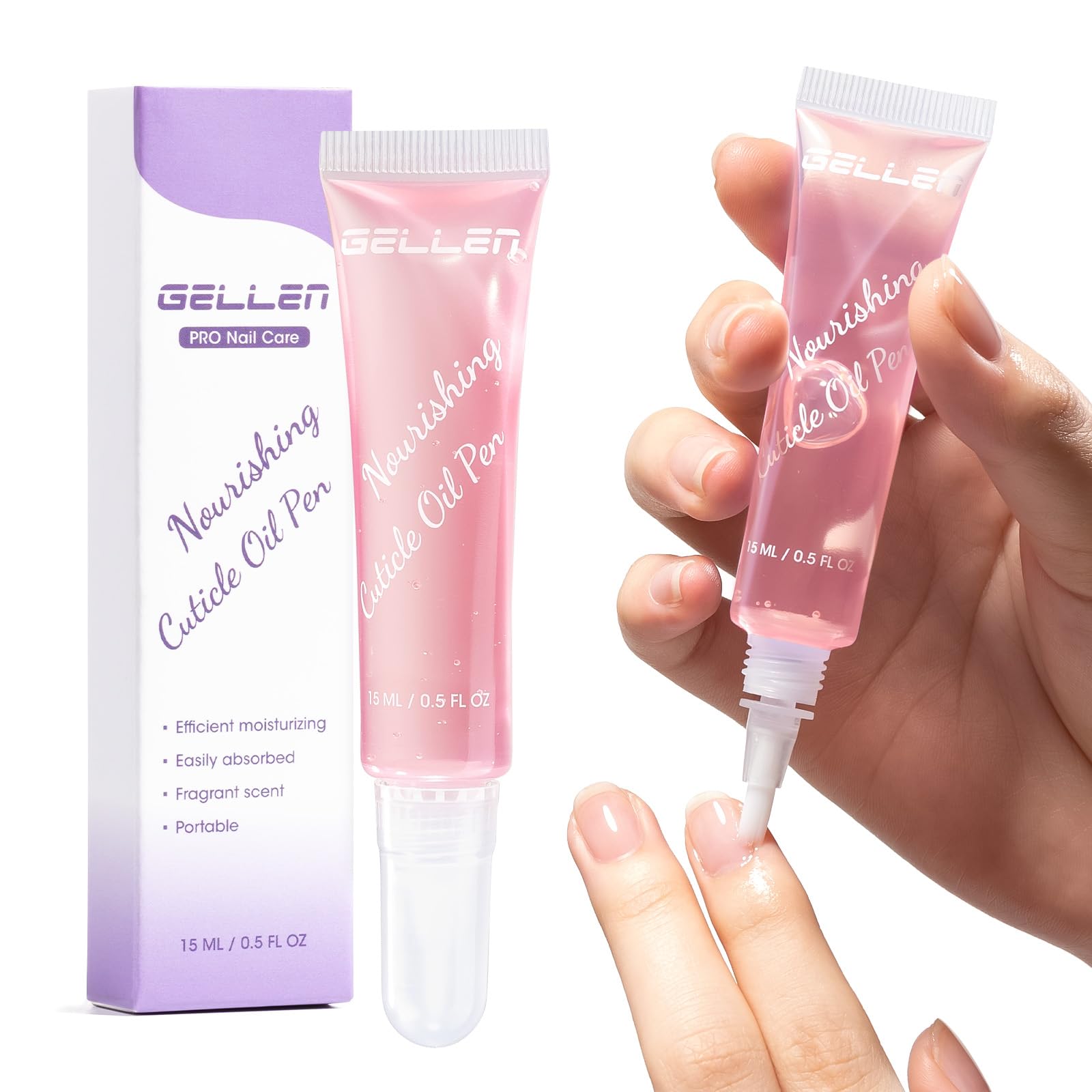 Gellen Huile Cuticules Ongles 15ML Avec Brosse Douce Transparent - Huile De Soin Ongle, Nourrir Ongles et Pieds Abîmés, Vernis Durcisseur Ongle, Riche En Huile de Jojoba et Vitamine E, Couleur Rose